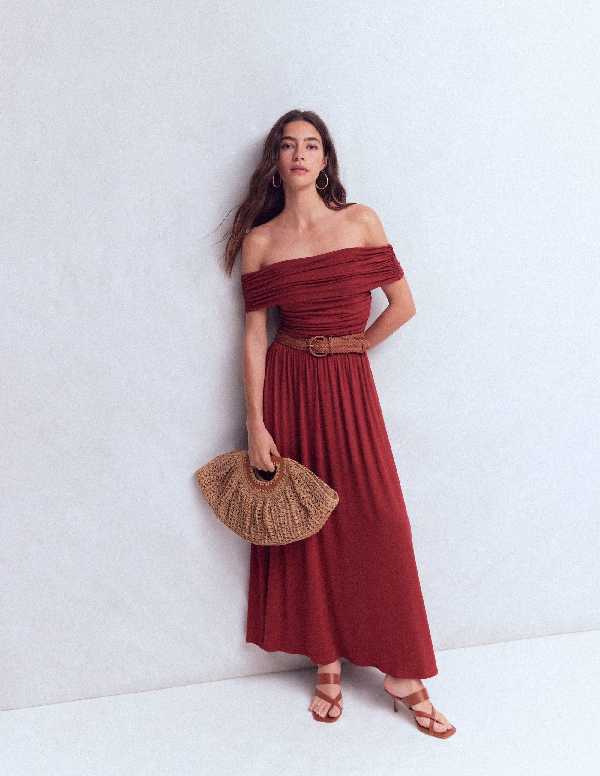 Ruched Bardot Maxi Dress-Burgundy - Image 2