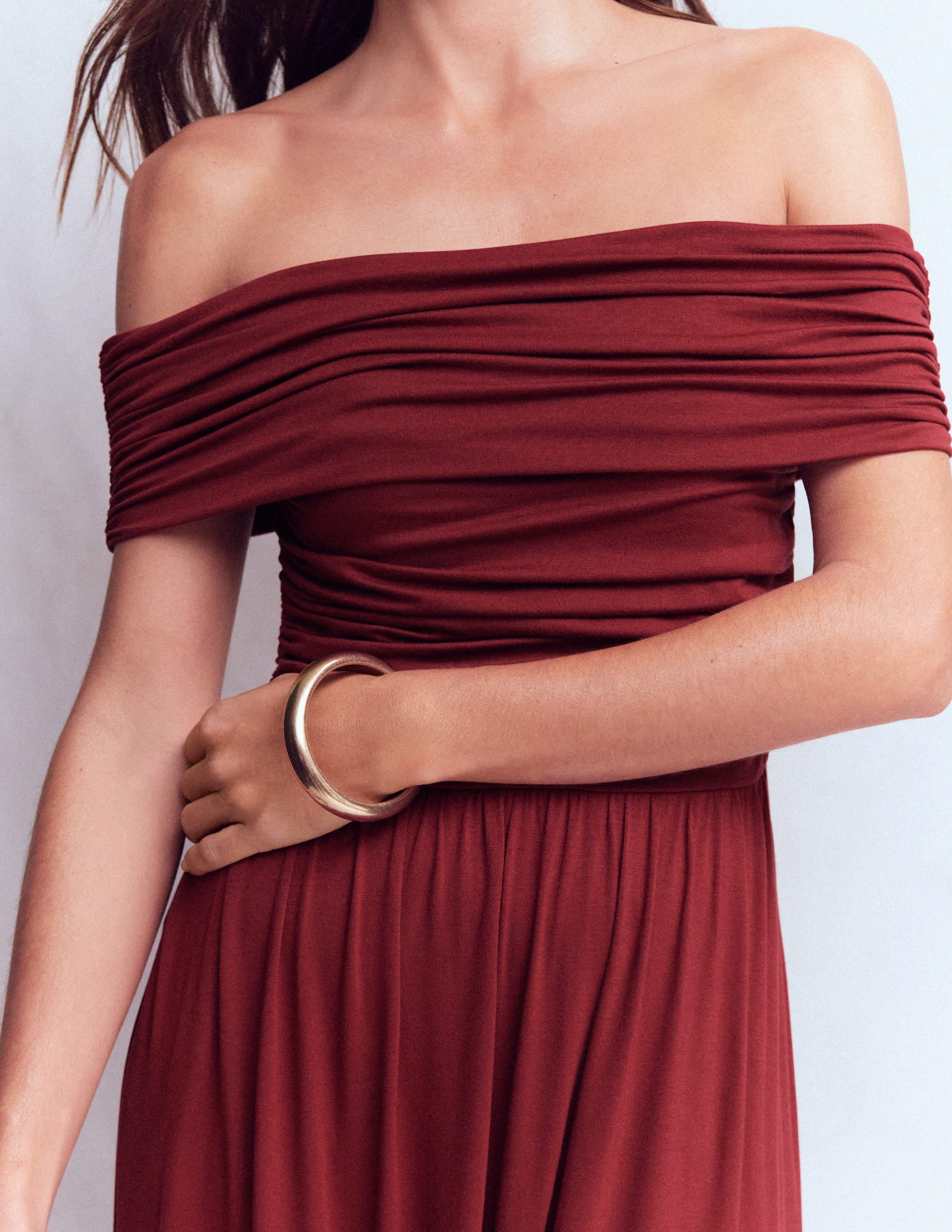 Ruched Bardot Maxi Dress-Burgundy - Image 3