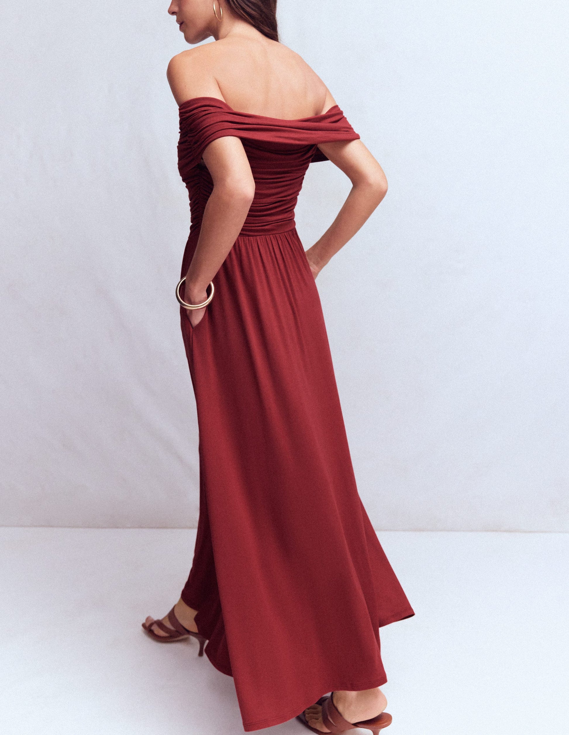 Ruched Bardot Maxi Dress - Burgundy