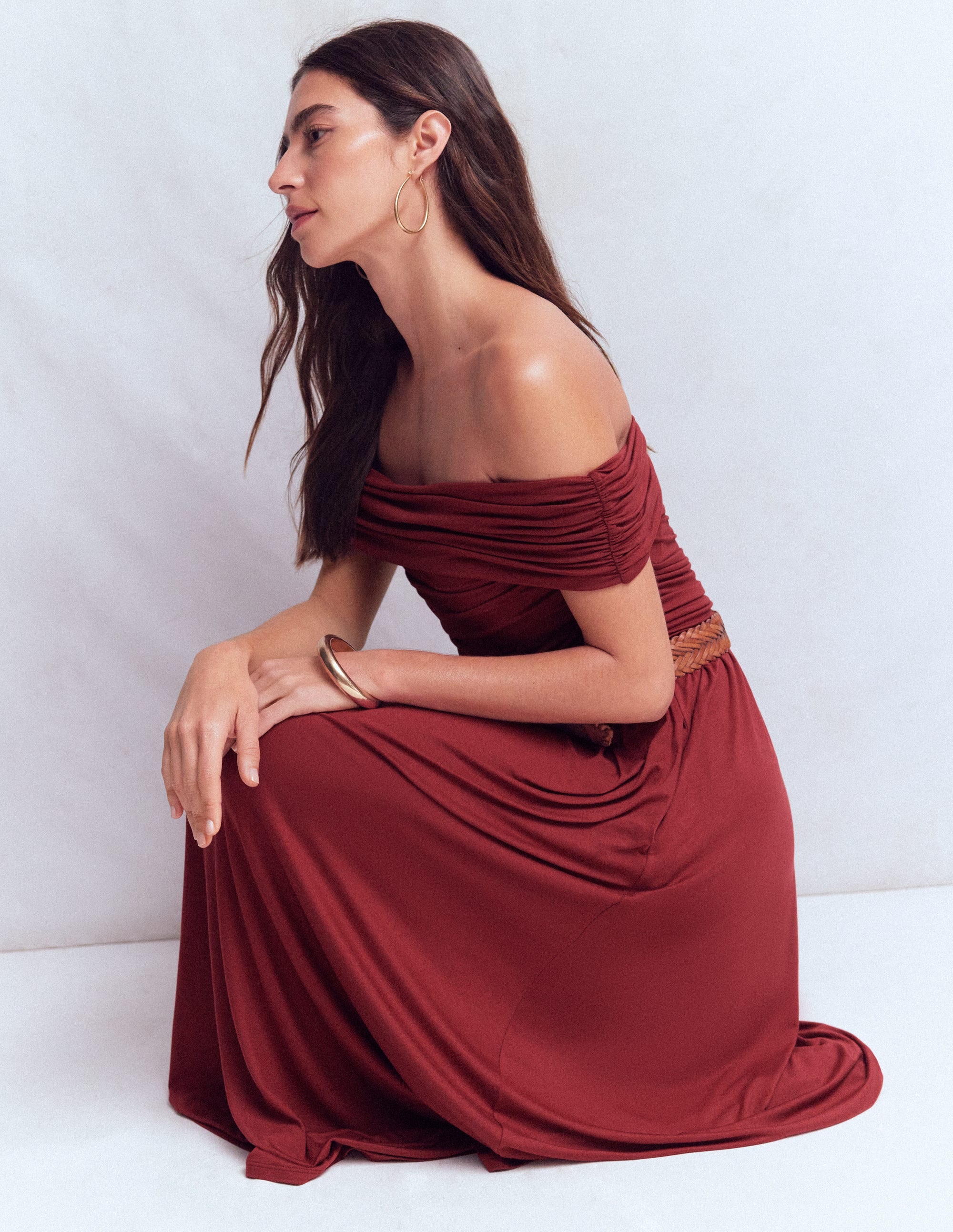 Ruched Bardot Maxi Dress-Burgundy - Image 5