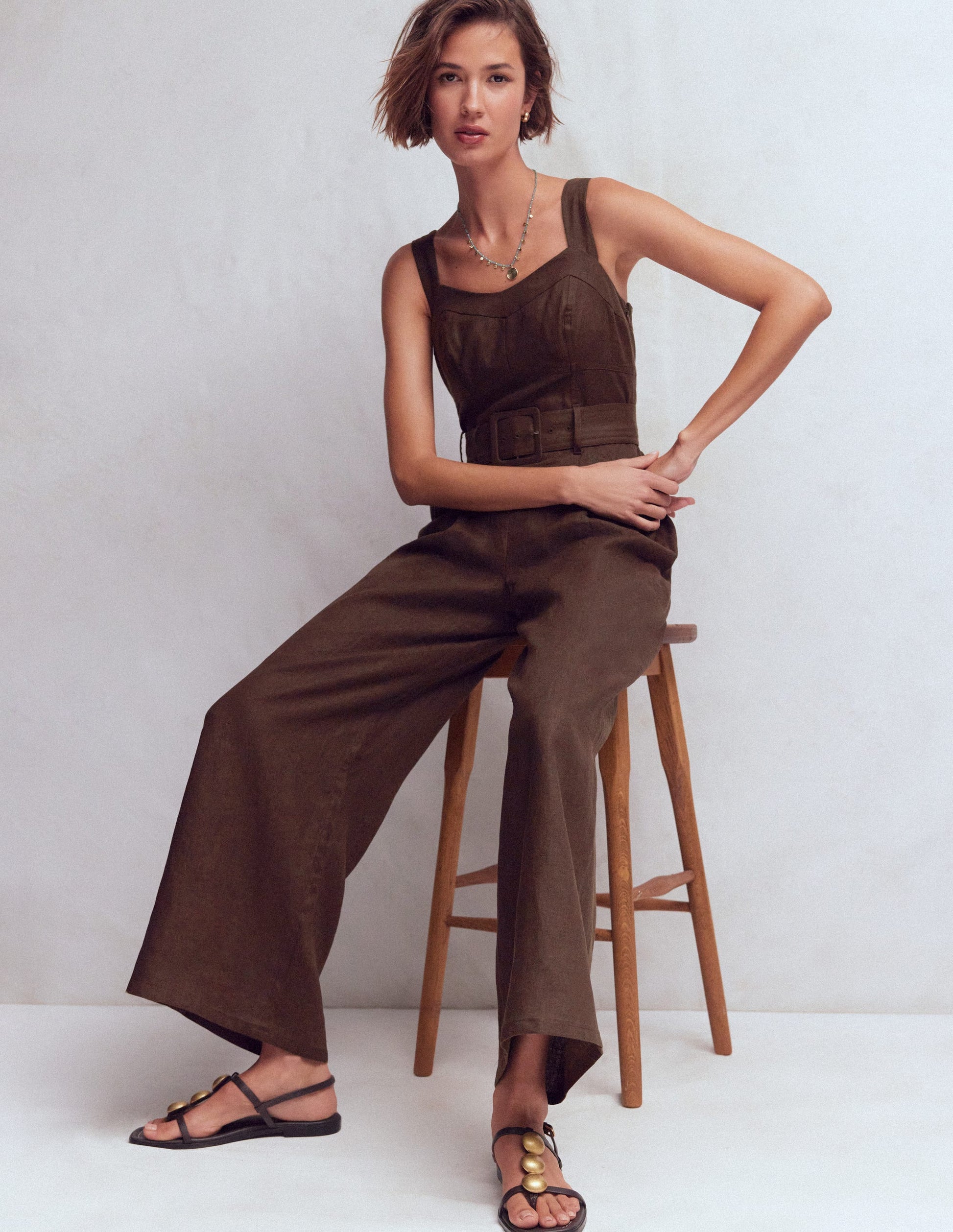 Panelled Bodice Linen Jumpsuit-Bitter Chocolate-5