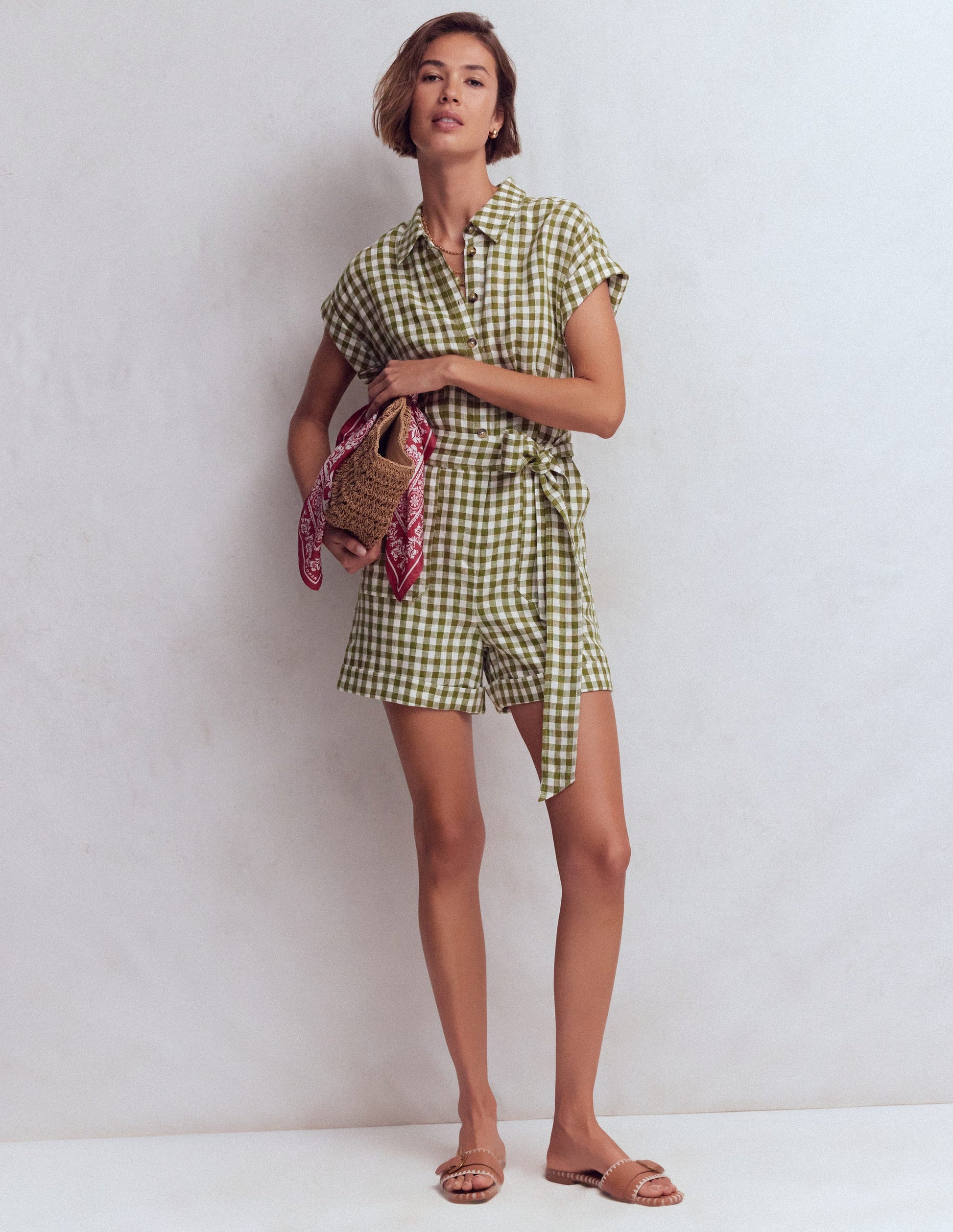 Kay Linen Playsuit-Olive, Ivory Gingham-1
