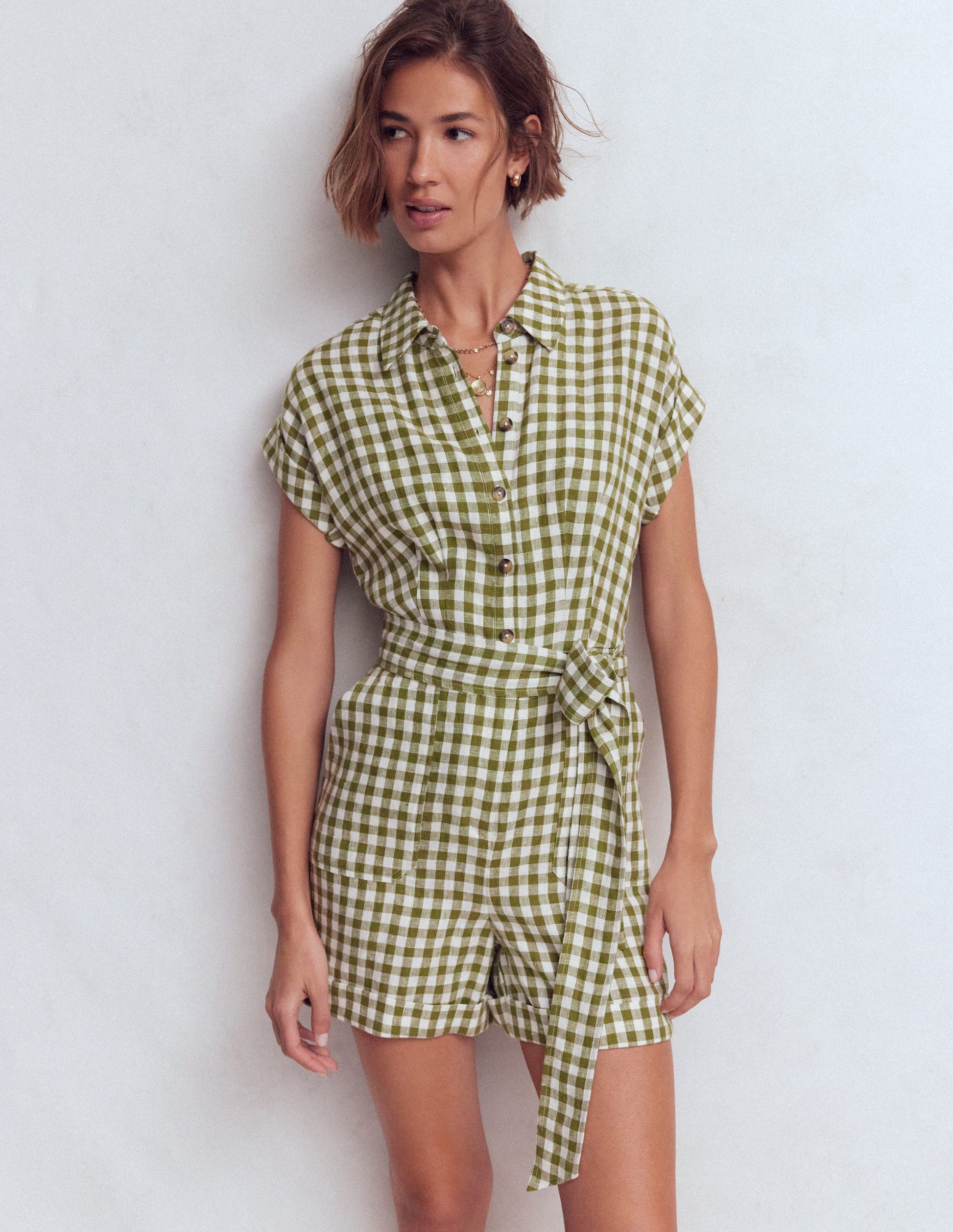 Kay Linen Playsuit-Olive, Ivory Gingham-4