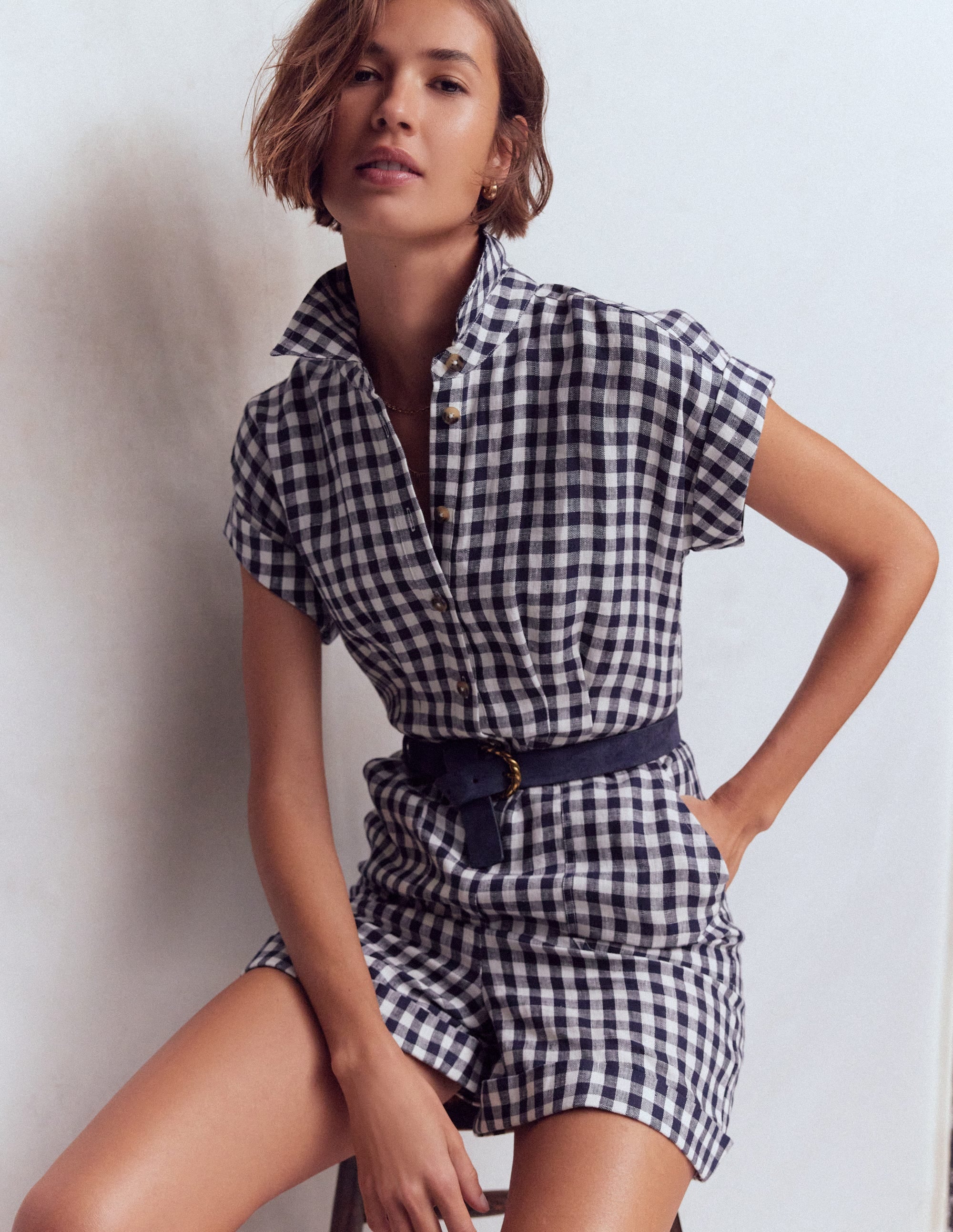 Kay Linen Playsuit-Navy, Ivory Gingham - Image 1