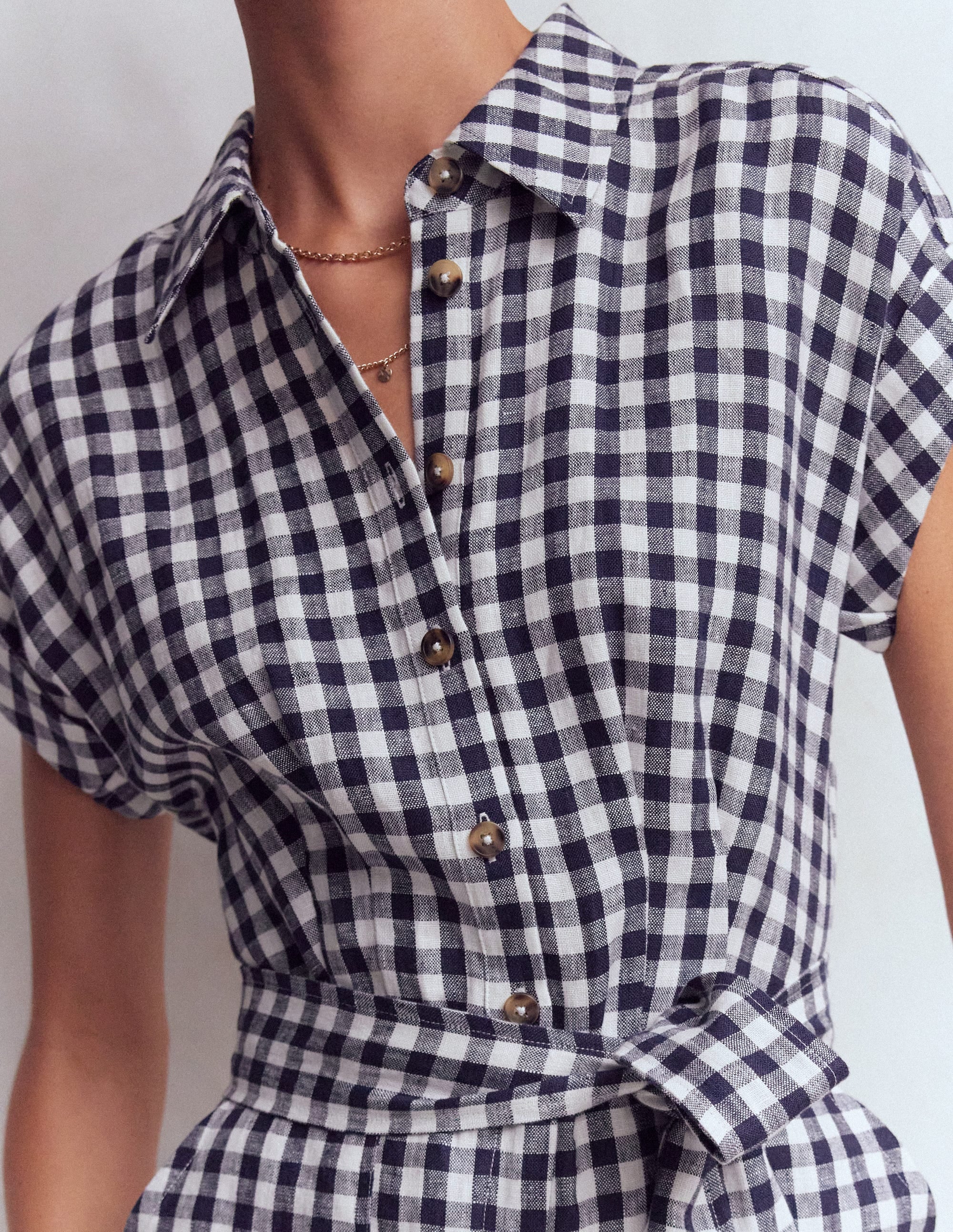 Kay Linen Playsuit-Navy, Ivory Gingham - Image 2