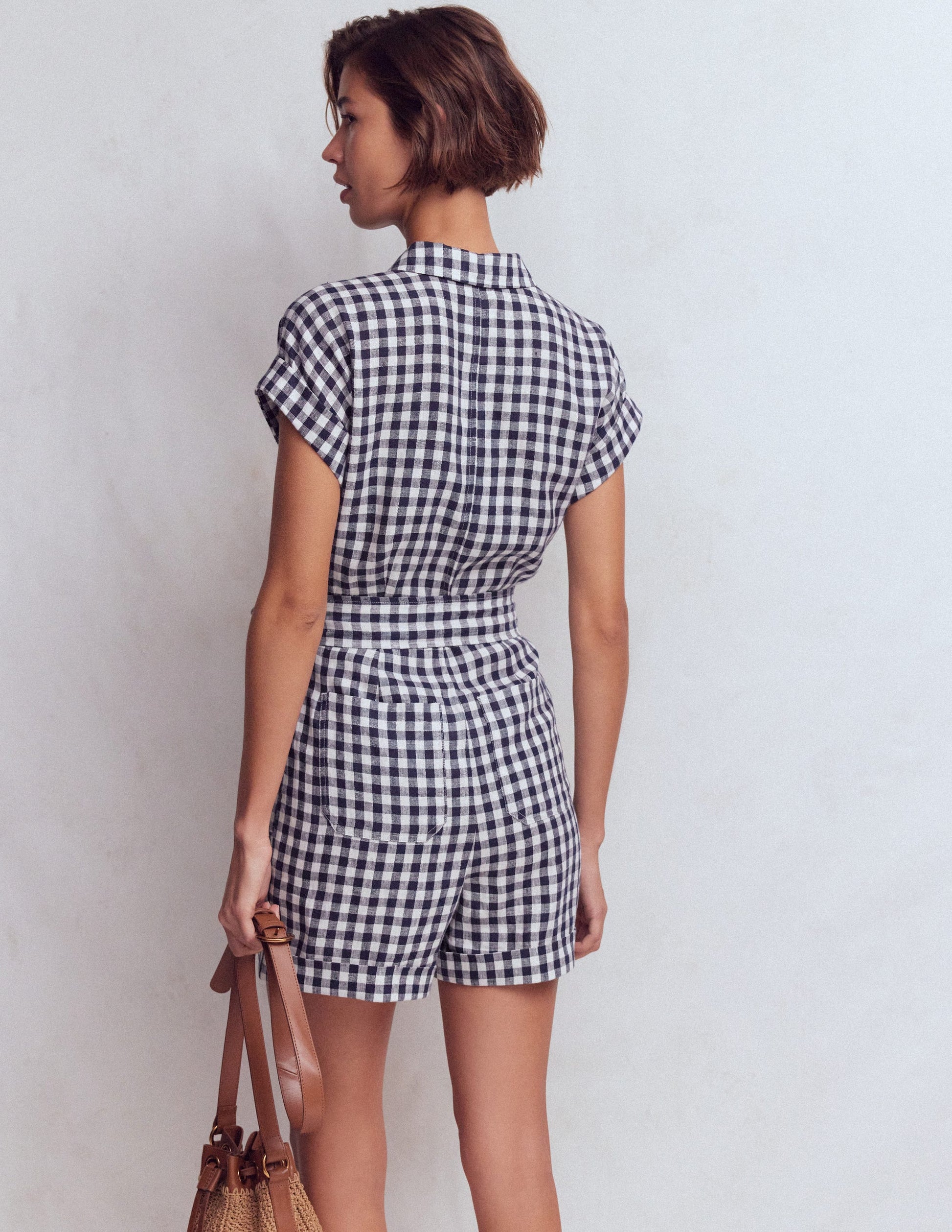 Kay Linen Playsuit-Navy, Ivory Gingham-3