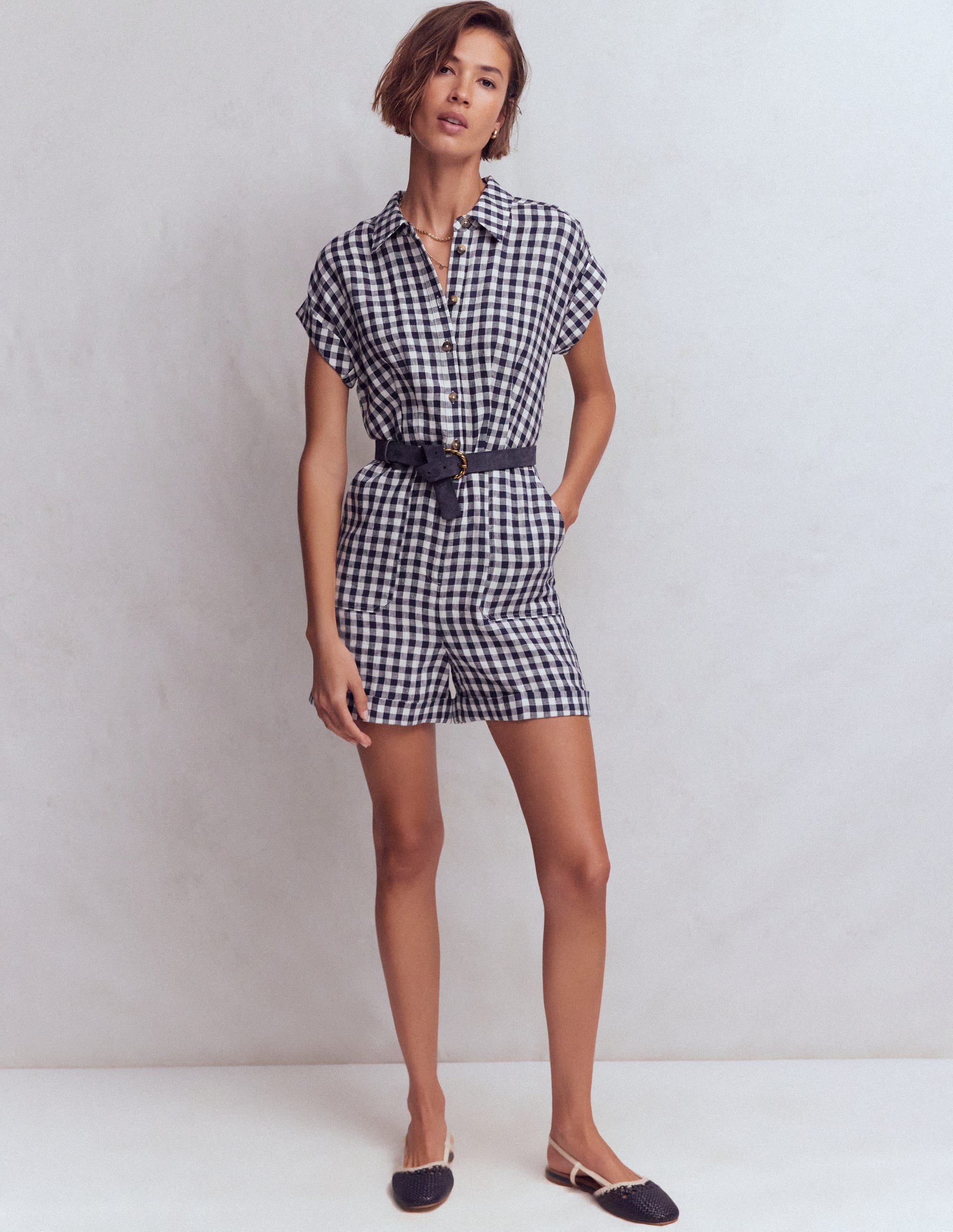 Kay Linen Playsuit-Navy, Ivory Gingham - Image 4