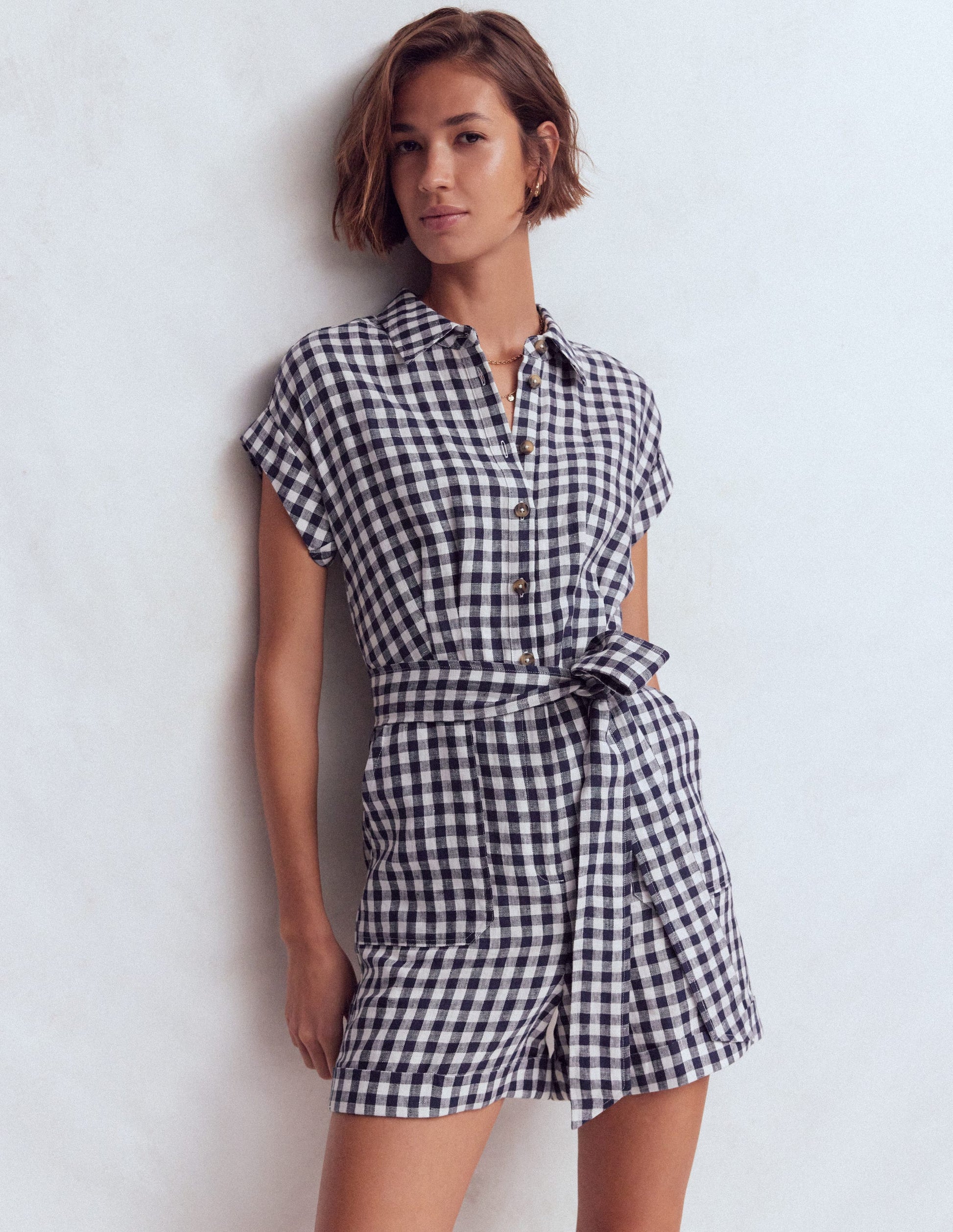 Kay Linen Playsuit-Navy, Ivory Gingham-5
