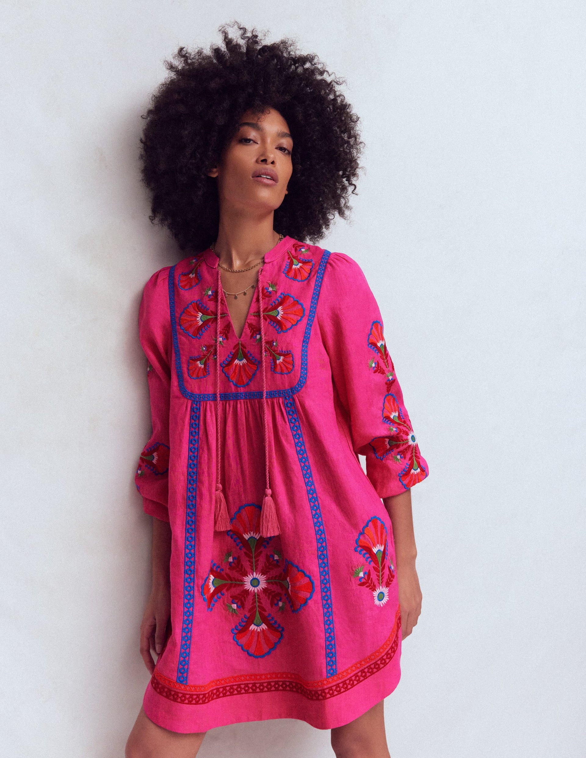 boden women's yoke panel maxi dress product info and reviews Pia Linen Blend Yoke Dress-Pink Embroidery