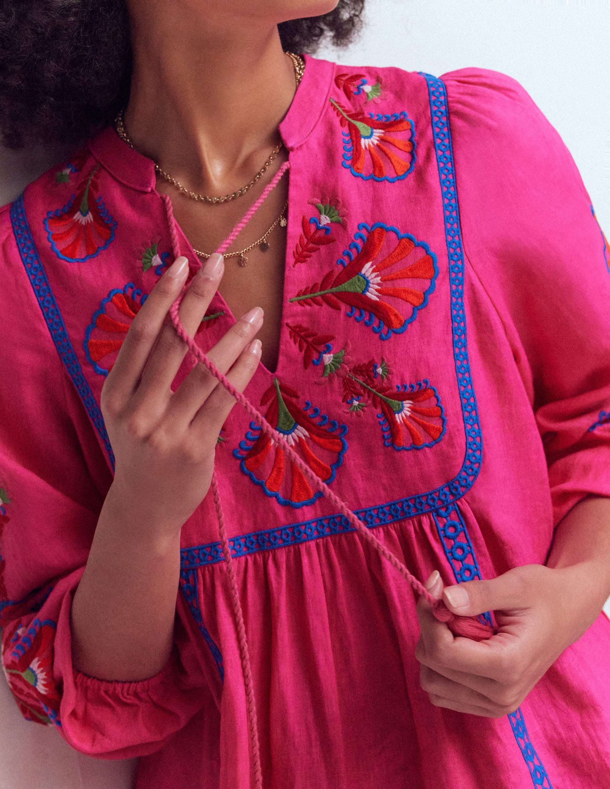 boden women's yoke panel maxi dress product info and reviews Pia Linen Blend Yoke Dress-Pink Embroidery