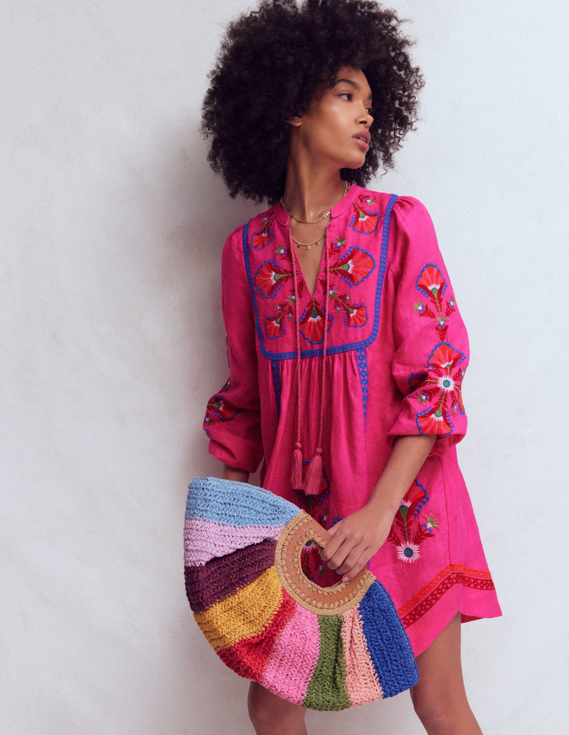 Pia Linen Blend Yoke Dress-Pink Embroidery-4