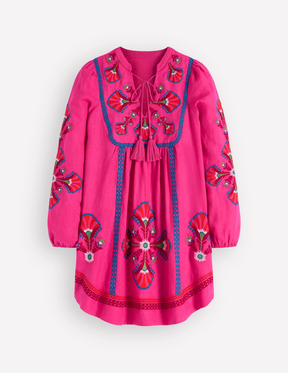 Pia Linen Blend Yoke Dress - Pink Embroidery