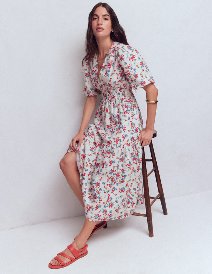 Irene Linen Midi Dress-Ivory, Bloom Scatter