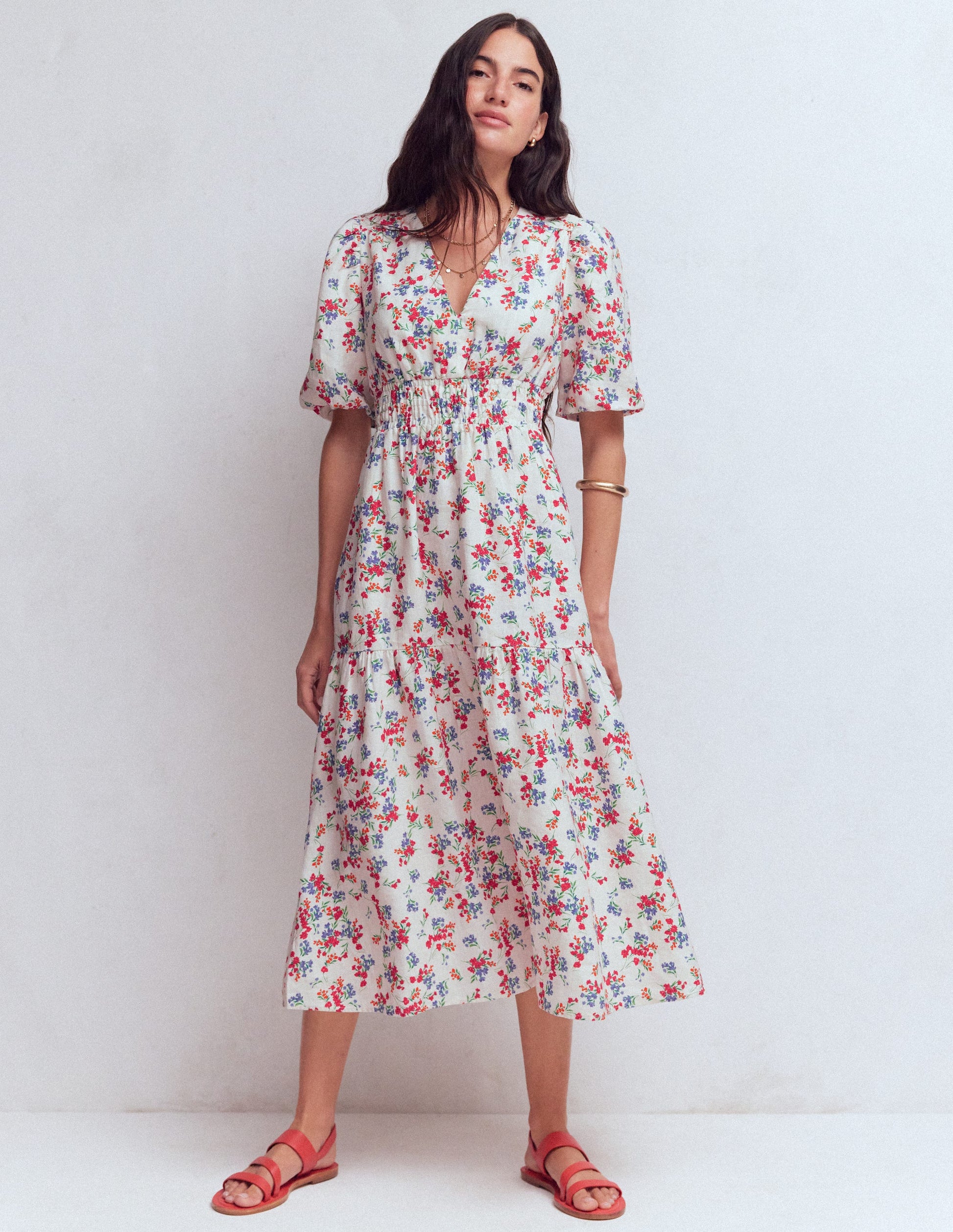 Irene Linen Midi Dress-Ivory, Bloom Scatter-4