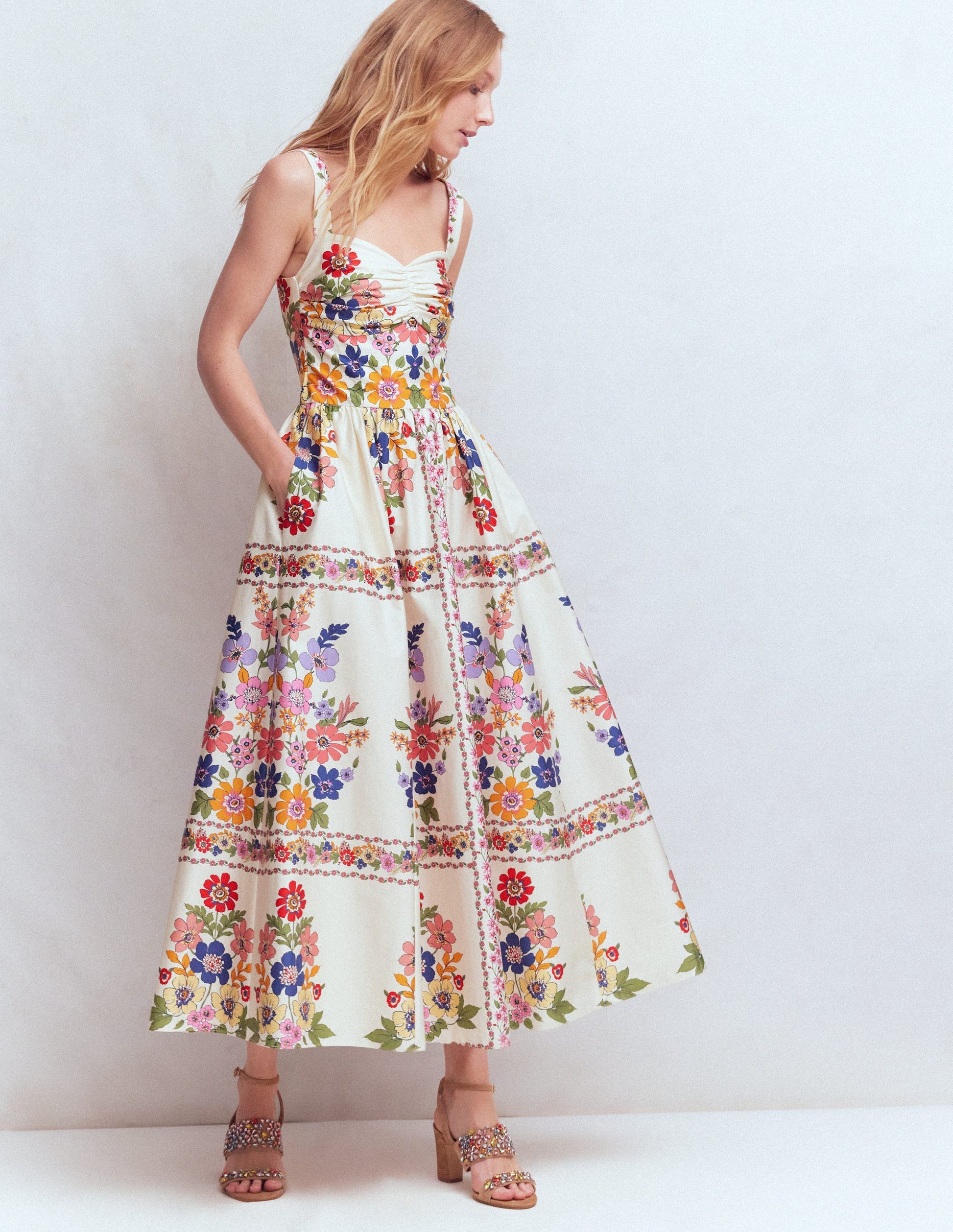 Fit and Flare Midi Dress-Multi Meadow Flowers Lattice-4