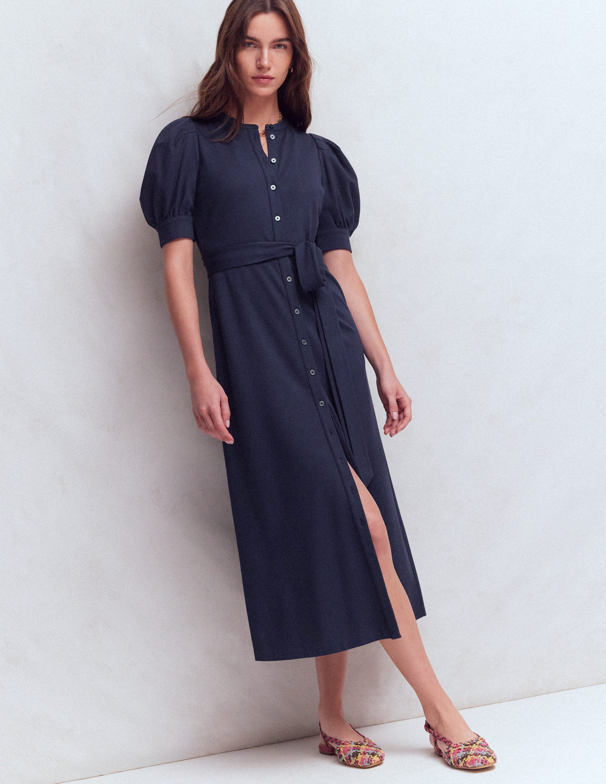 Puff Sleeve Ponte Shirt Dress-Navy - Image 1