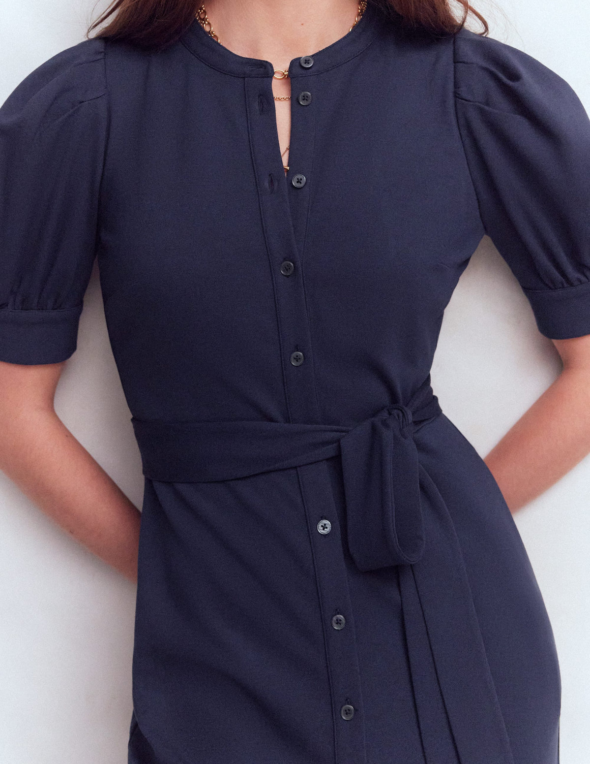 Puff Sleeve Ponte Shirt Dress-Navy - Image 2