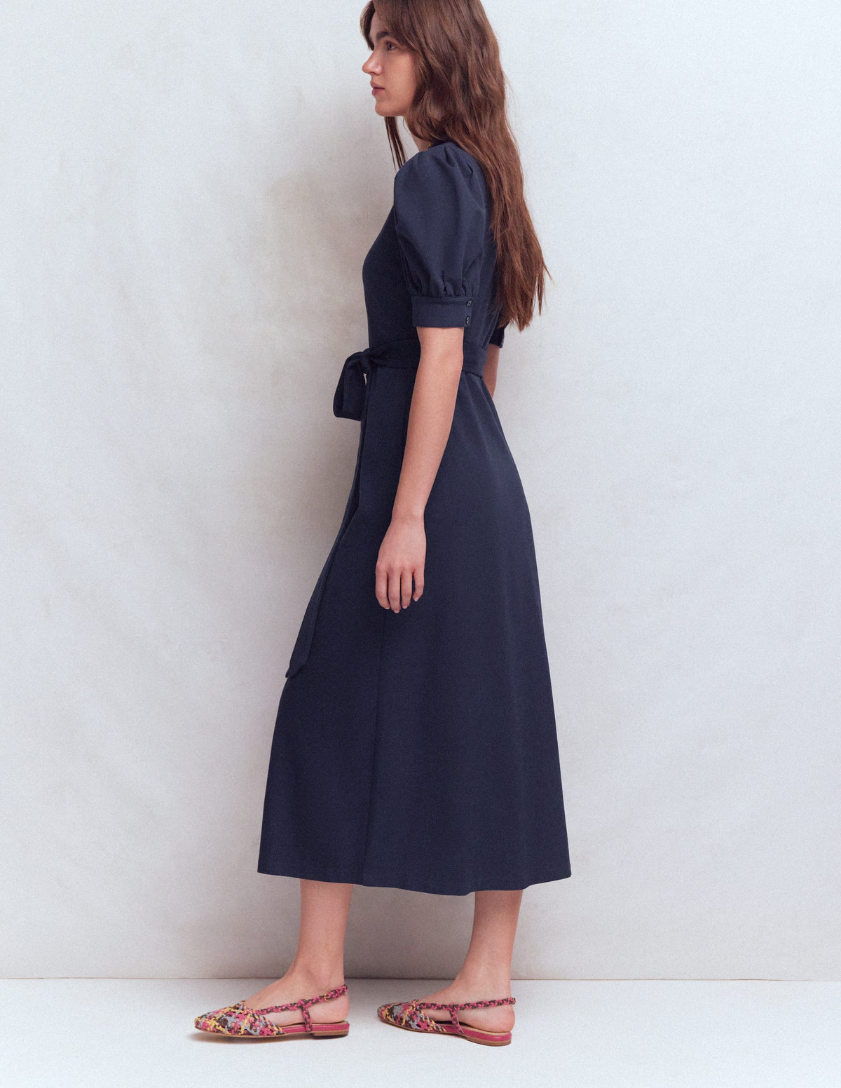 Puff Sleeve Ponte Shirt Dress-Navy - Image 3