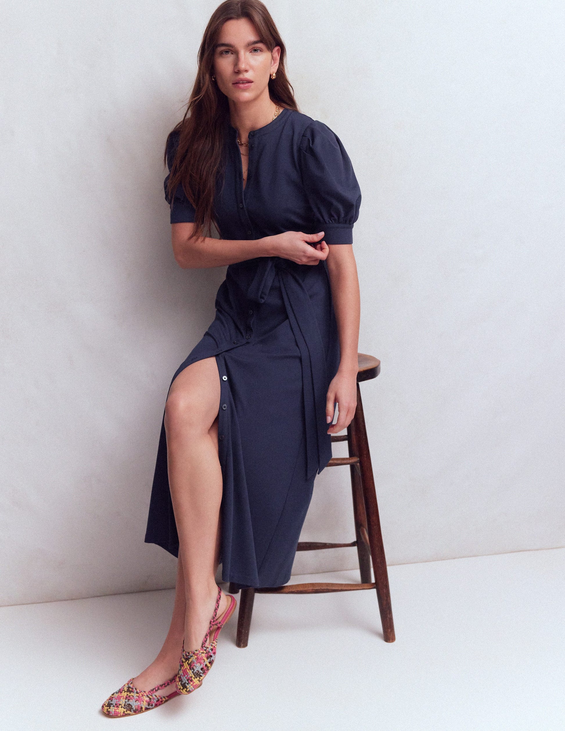 Puff Sleeve Ponte Shirt Dress-Navy-4