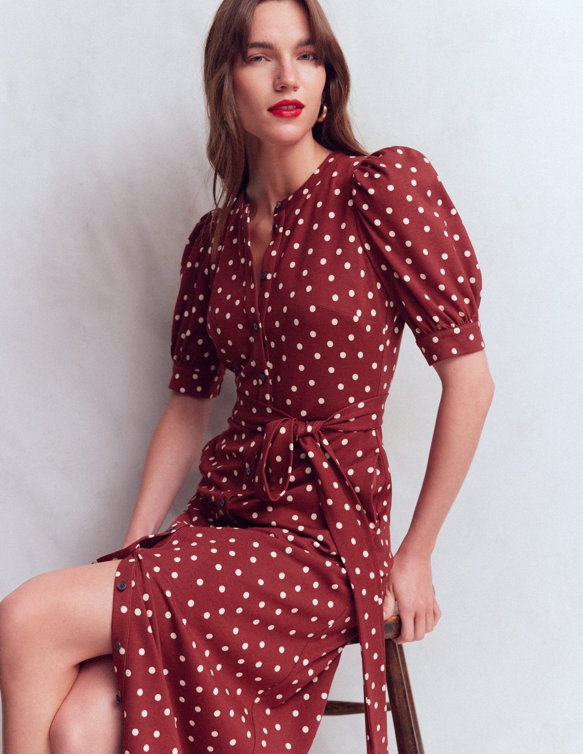 Puff Sleeve Ponte Shirt Dress-Red Pear, Painted Dot-1