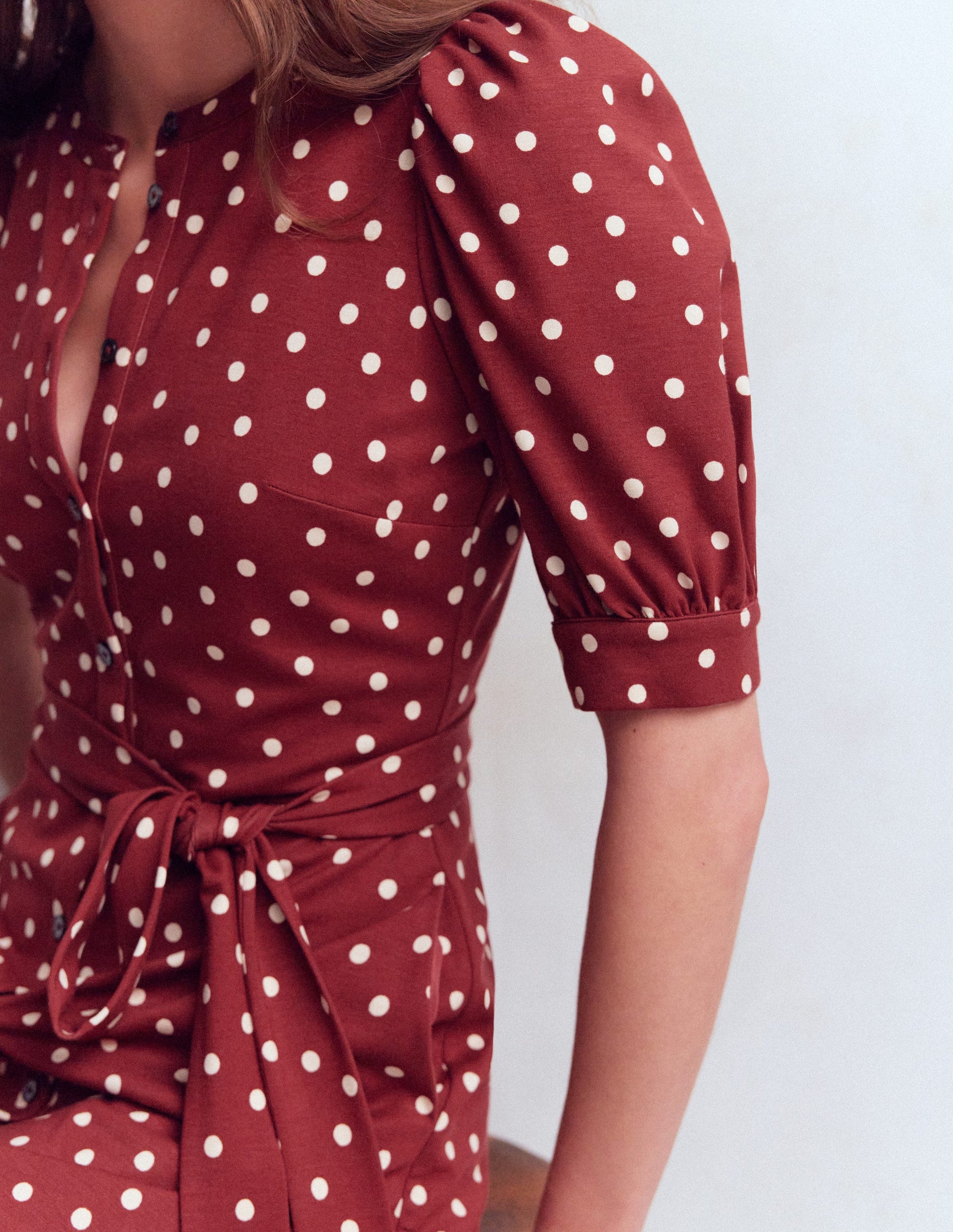 Puff Sleeve Ponte Shirt Dress-Red Pear, Painted Dot-2