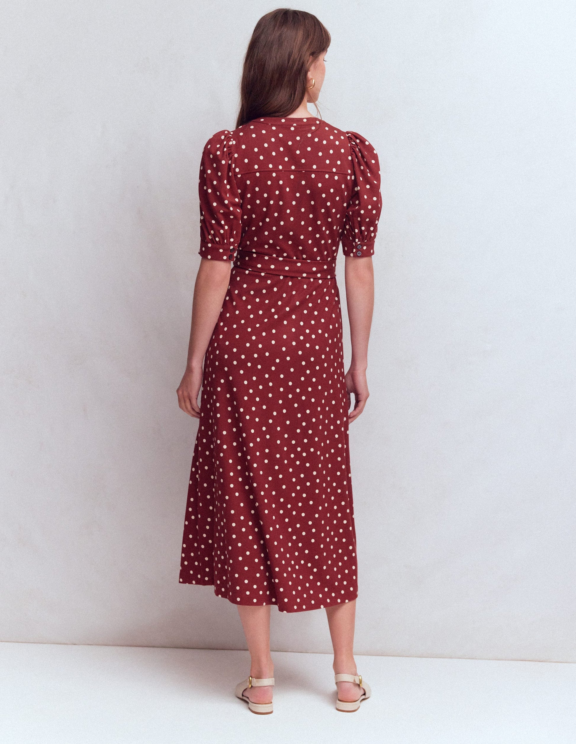 Puff Sleeve Ponte Shirt Dress-Red Pear, Painted Dot-3