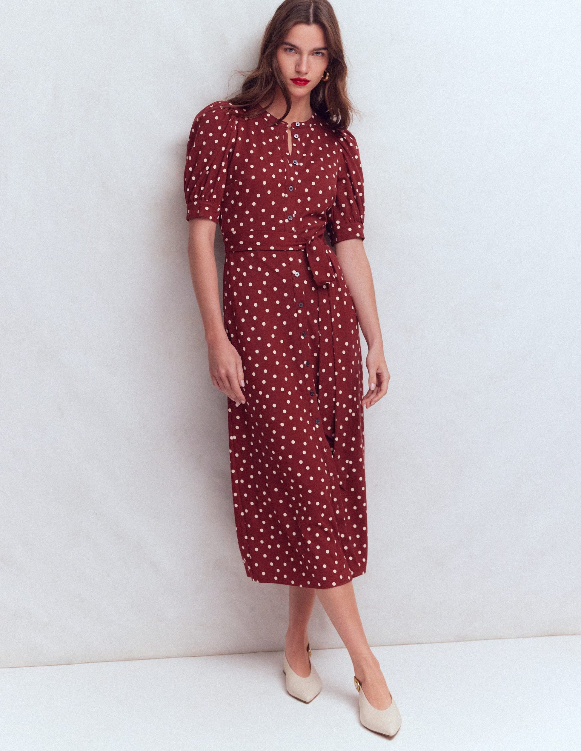 Puff Sleeve Ponte Shirt Dress-Red Pear, Painted Dot-4