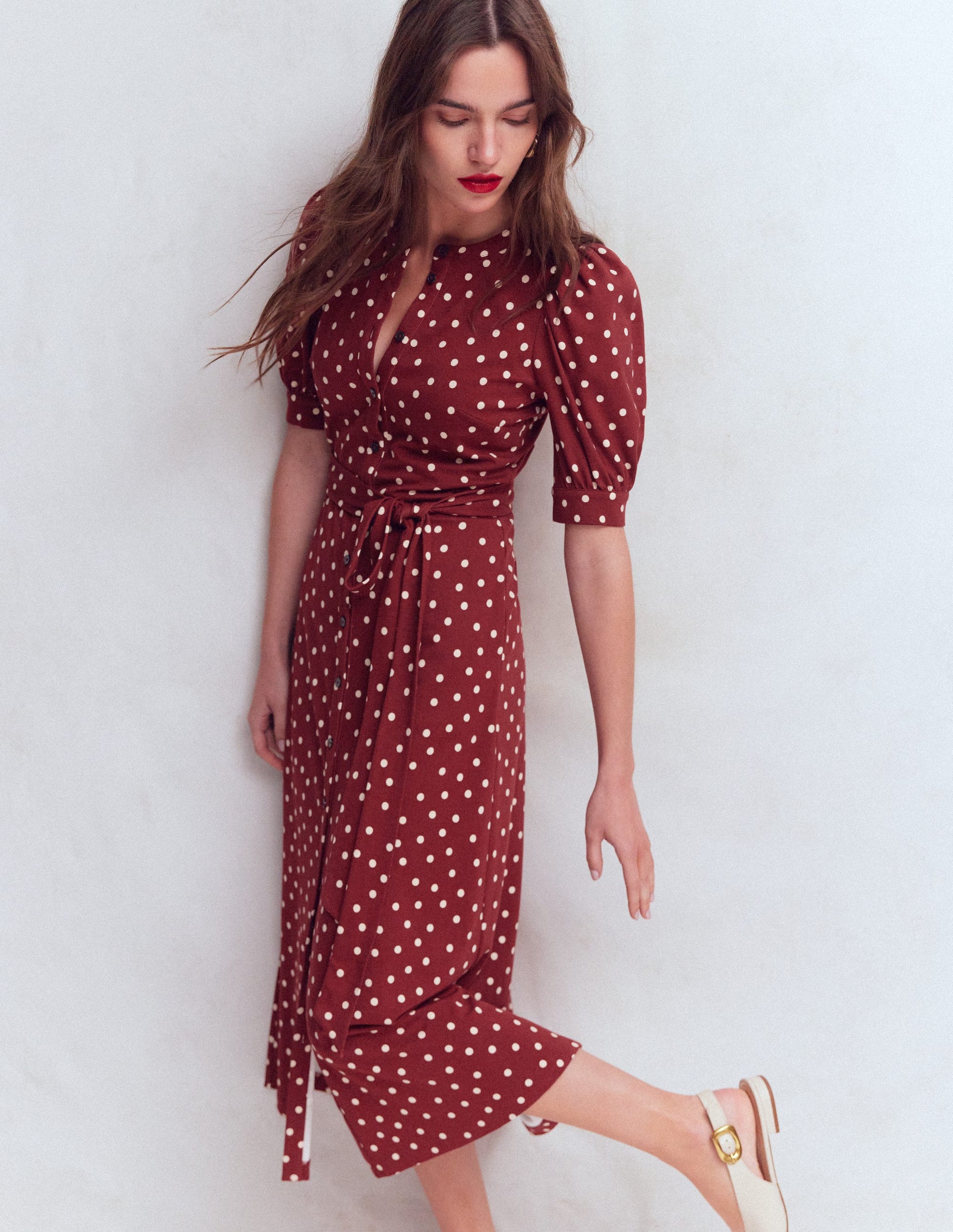 Puff Sleeve Ponte Shirt Dress-Red Pear, Painted Dot-6