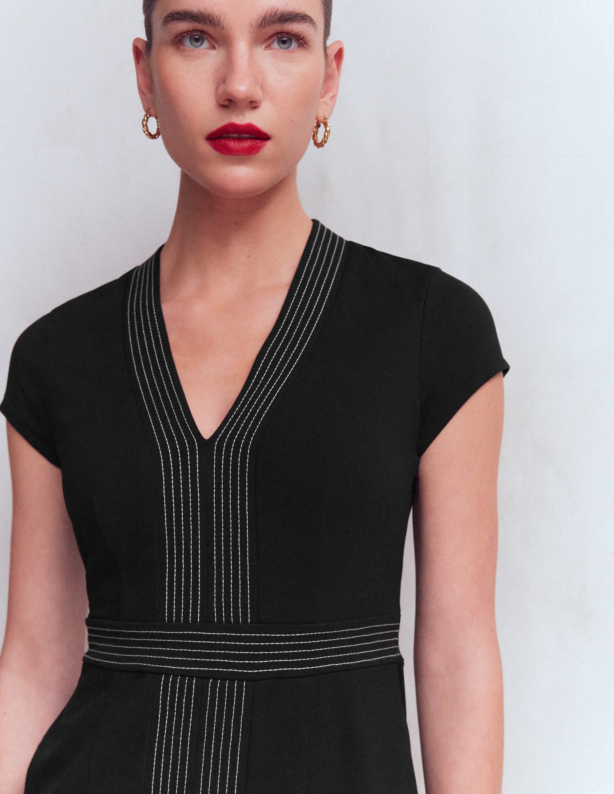 Topstitch V-neck Ponte Dress-Black - Image 2