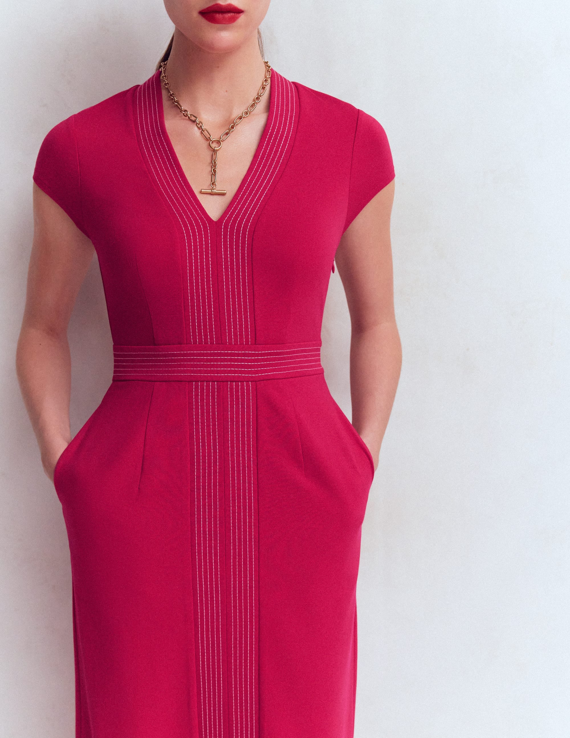 Topstitch V-neck Ponte Dress-Pomegranate - Image 2