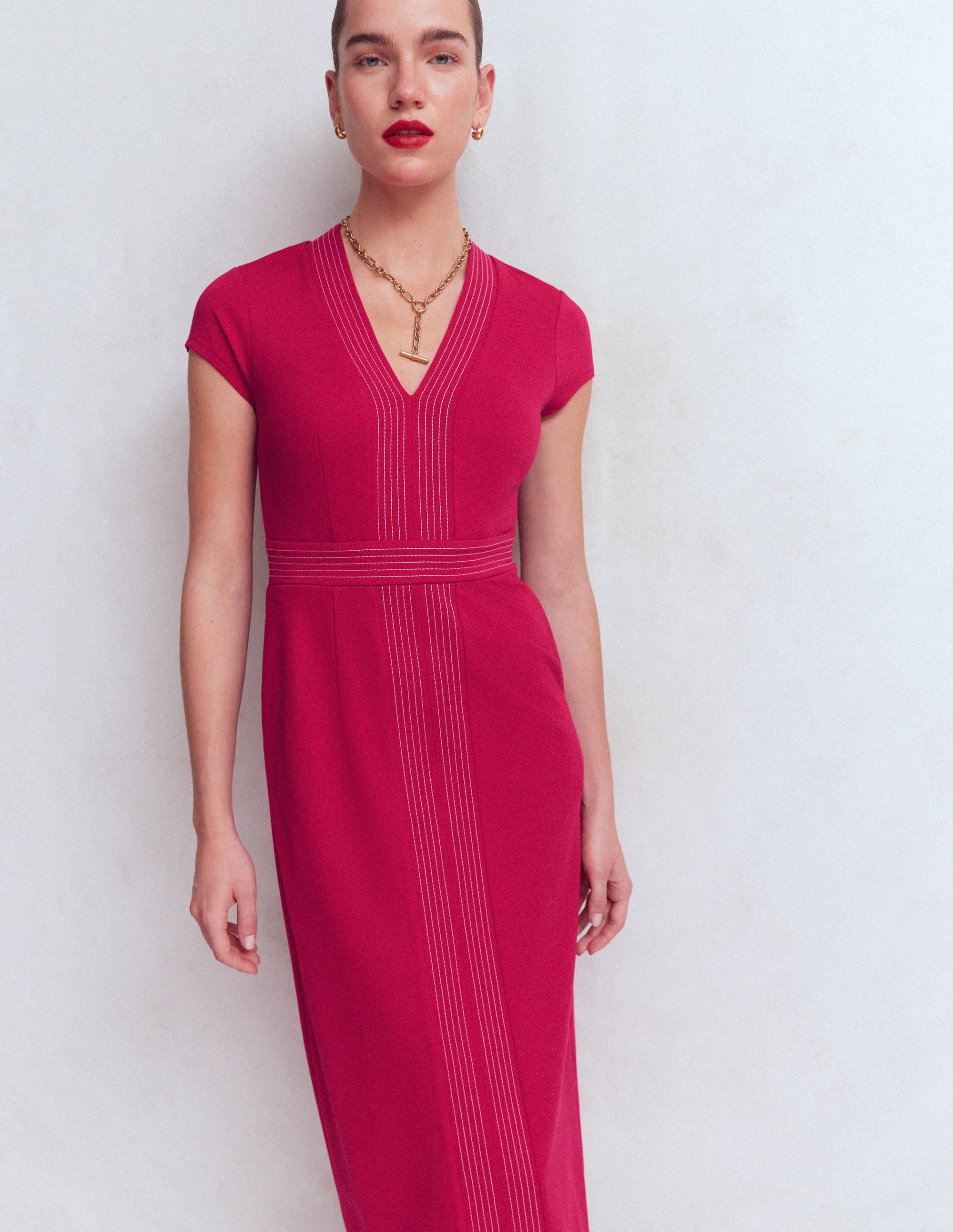 Topstitch V-neck Ponte Dress-Pomegranate - Image 4
