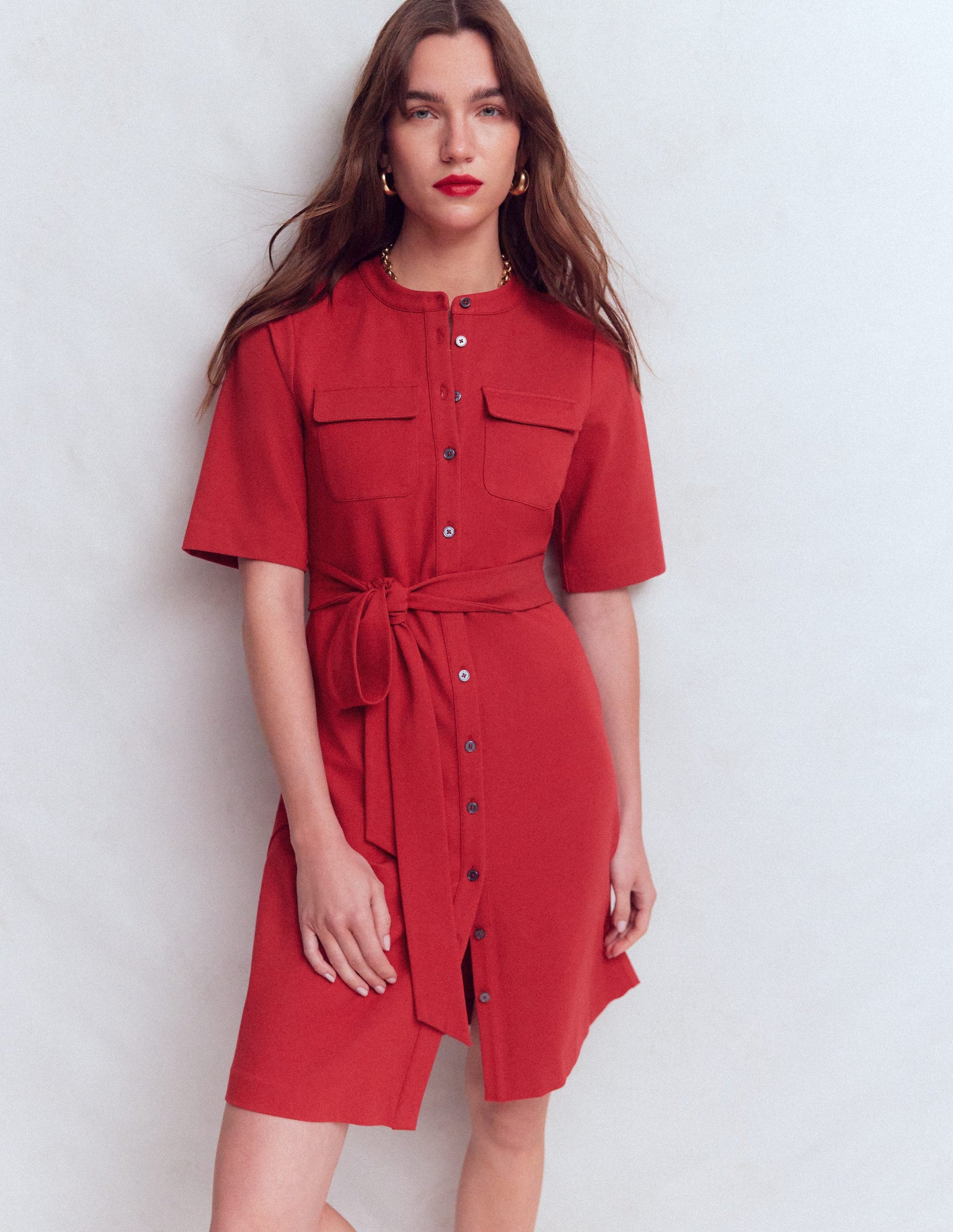 Front Pocket Ponte Dress-Crimson Red-4