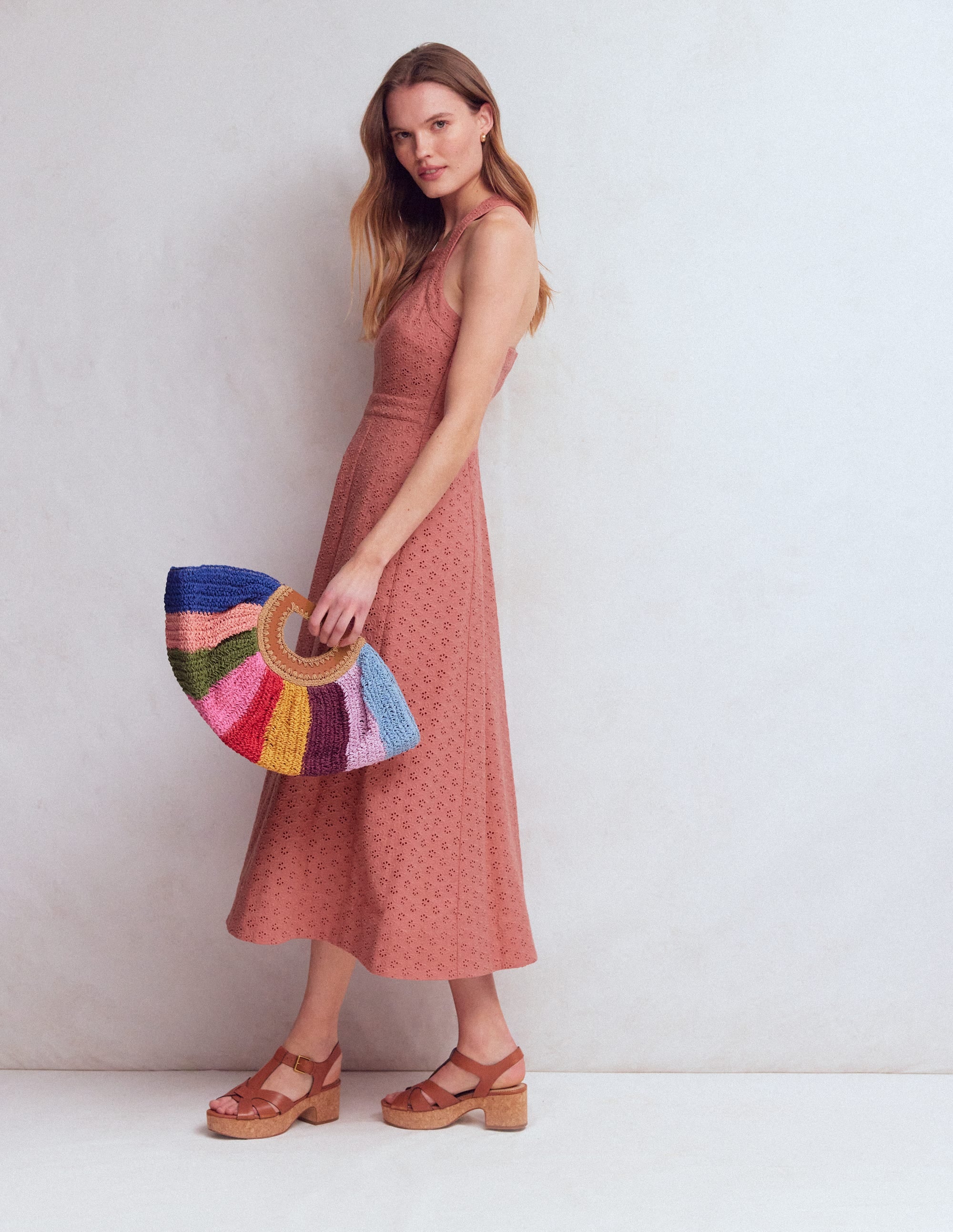 Cross Back Broderie Midi Dress-Vintage Rose Broderie - Image 1