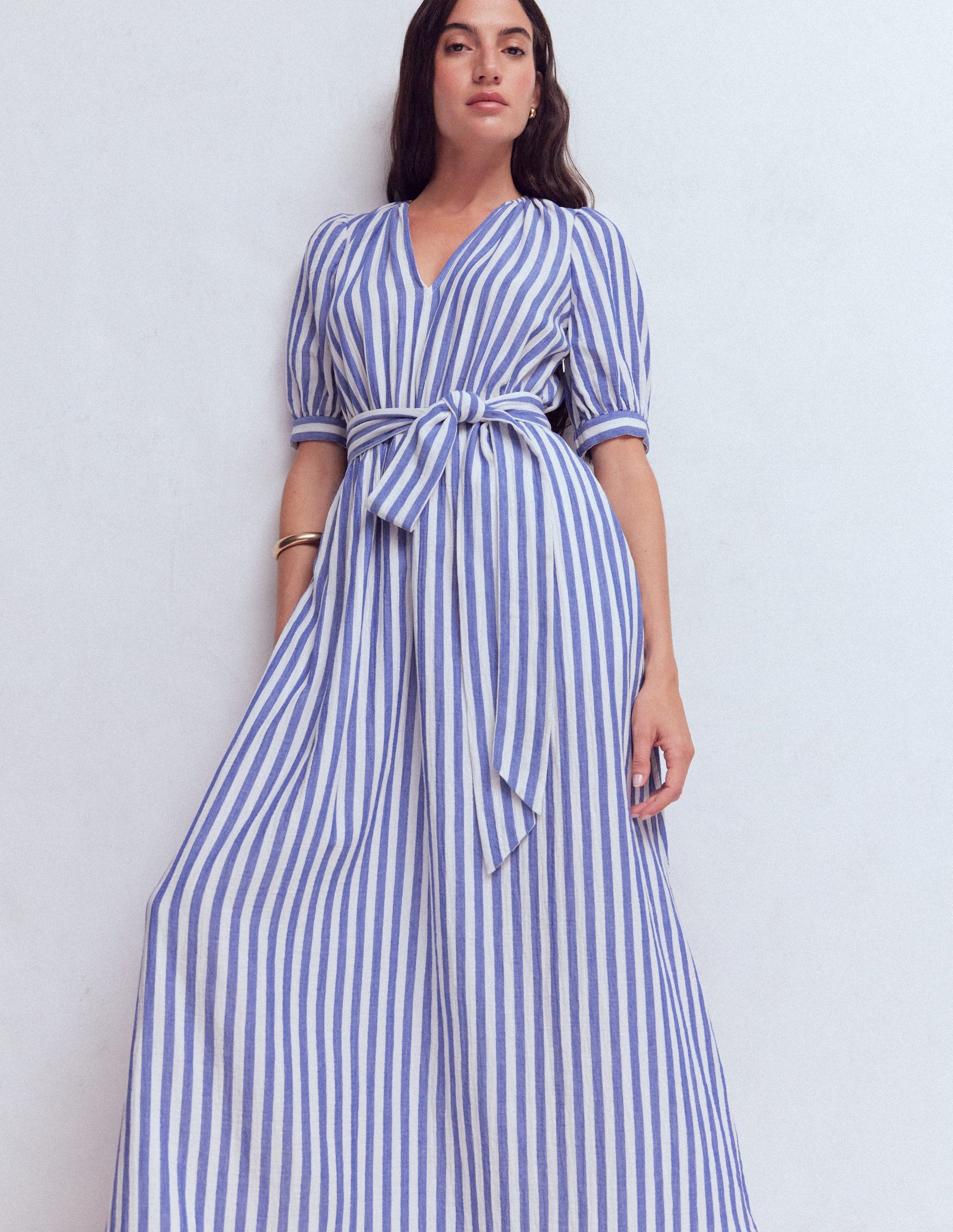 Double Cloth Puff Sleeve Dress-Blue Ivory Stripe-1