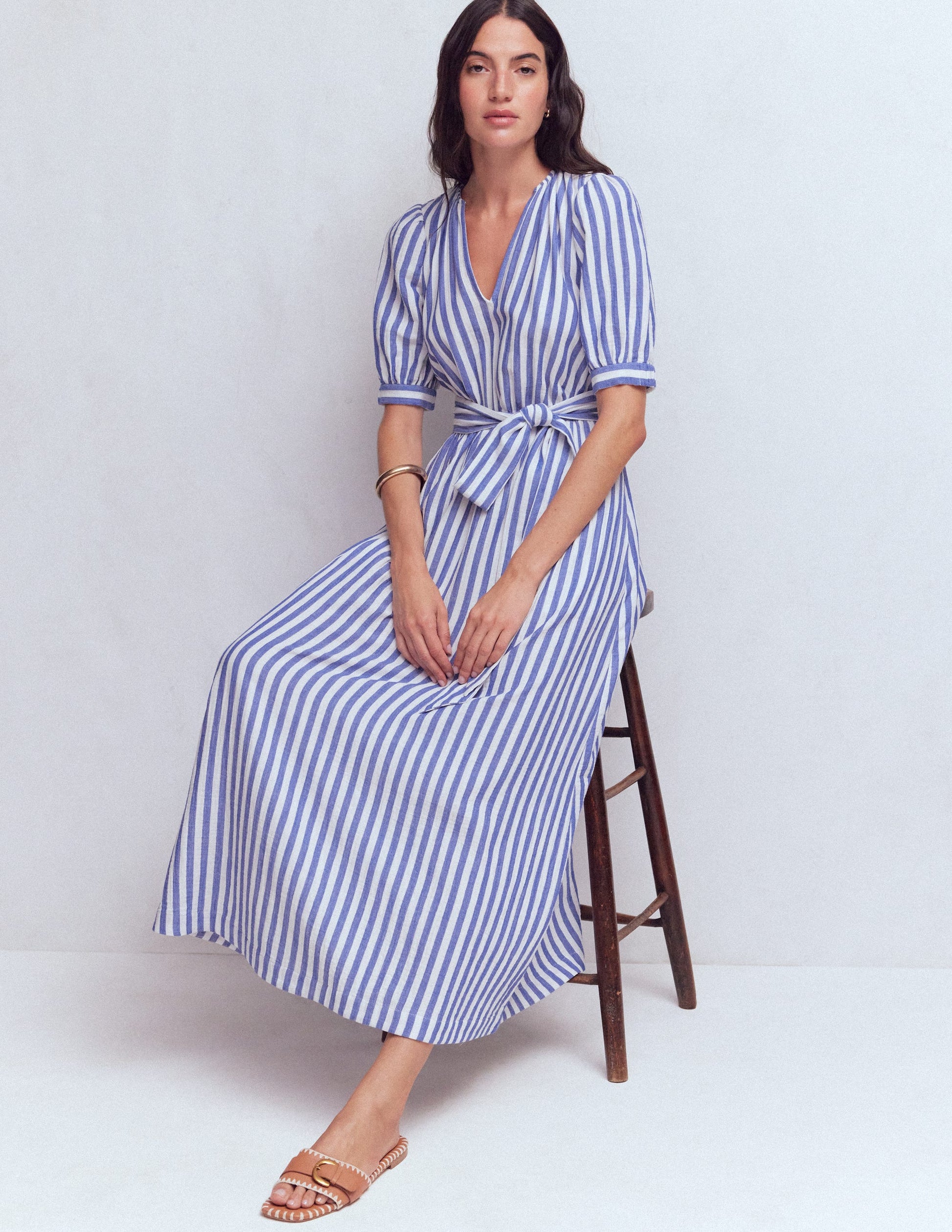 Double Cloth Puff Sleeve Dress-Blue Ivory Stripe-2