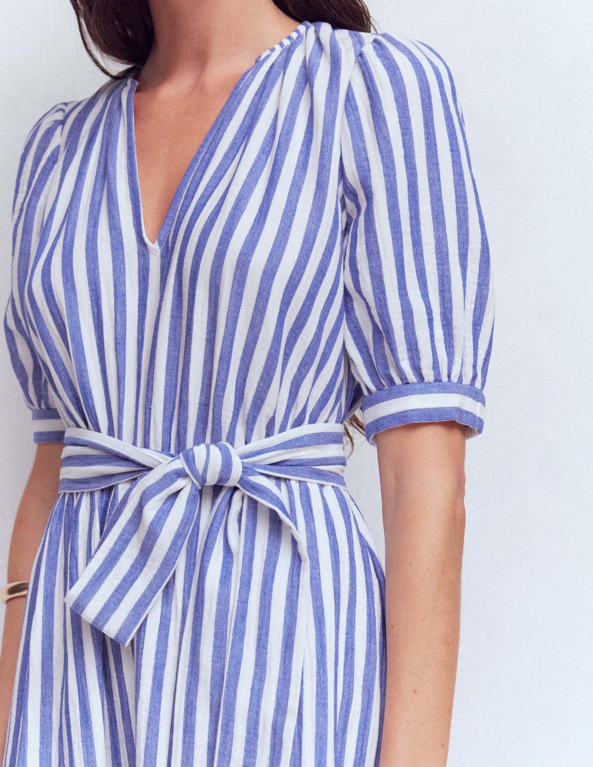 Double Cloth Puff Sleeve Dress-Blue Ivory Stripe-3