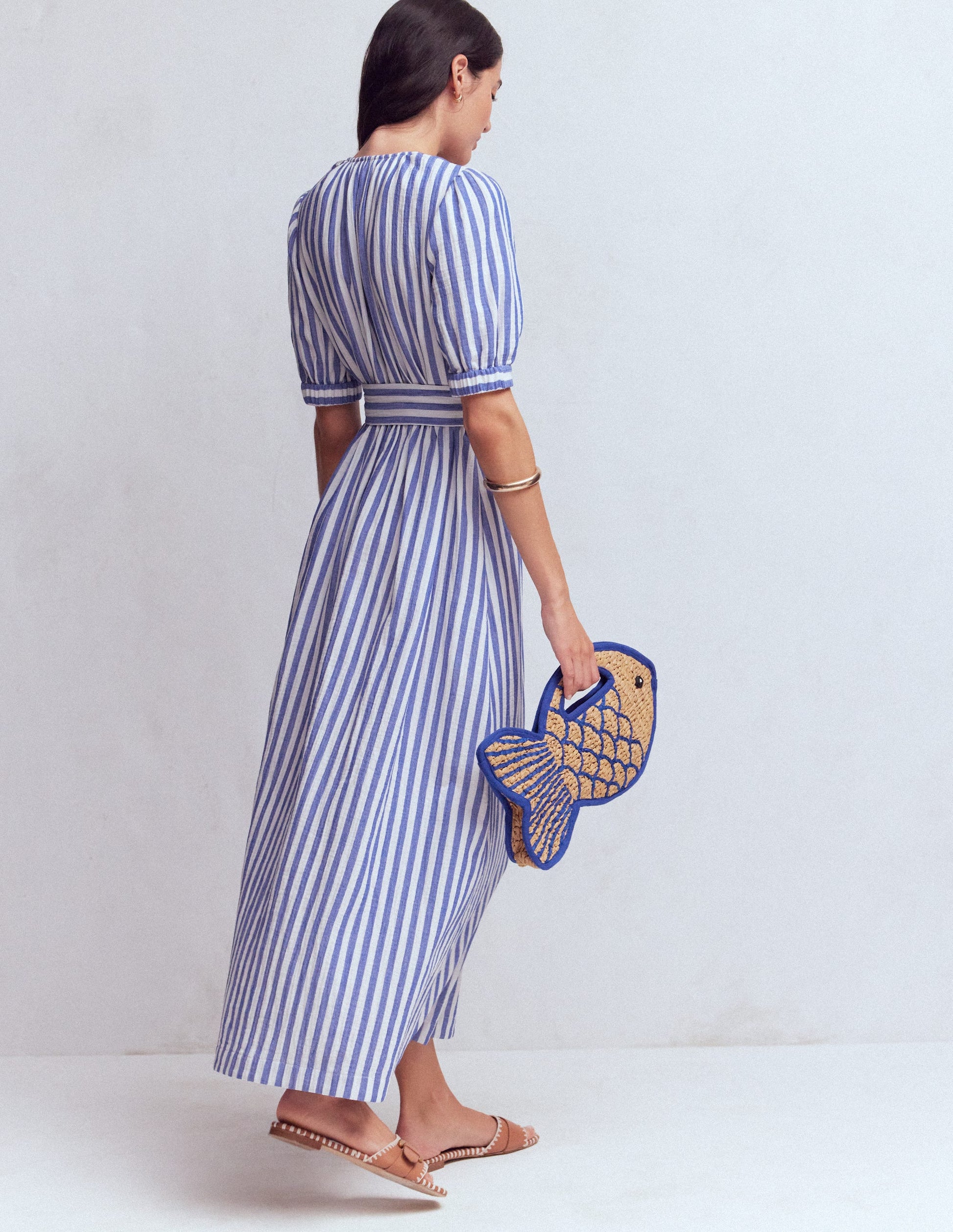 Double Cloth Puff Sleeve Dress - Blue Ivory Stripe