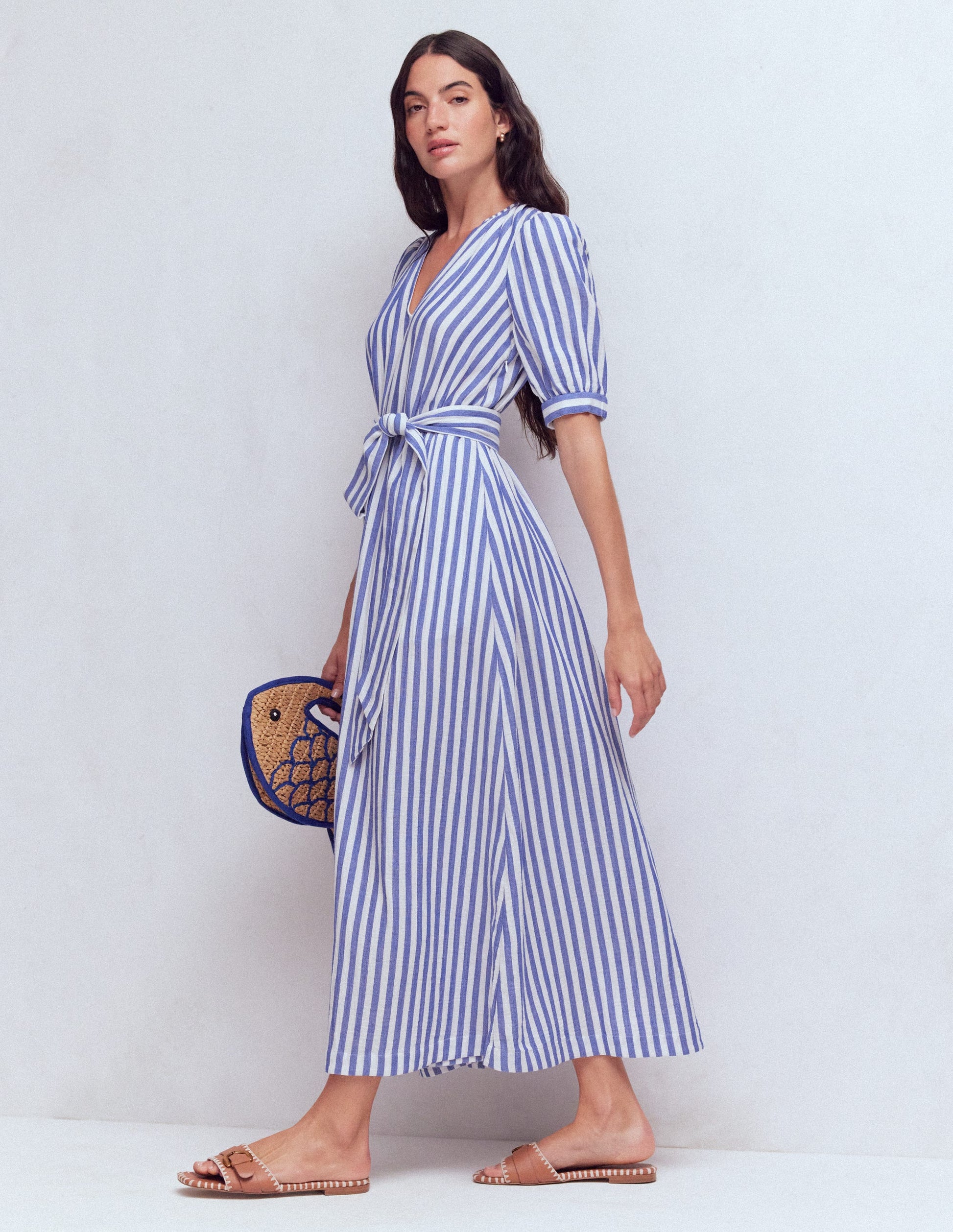 Double Cloth Puff Sleeve Dress-Blue Ivory Stripe-5