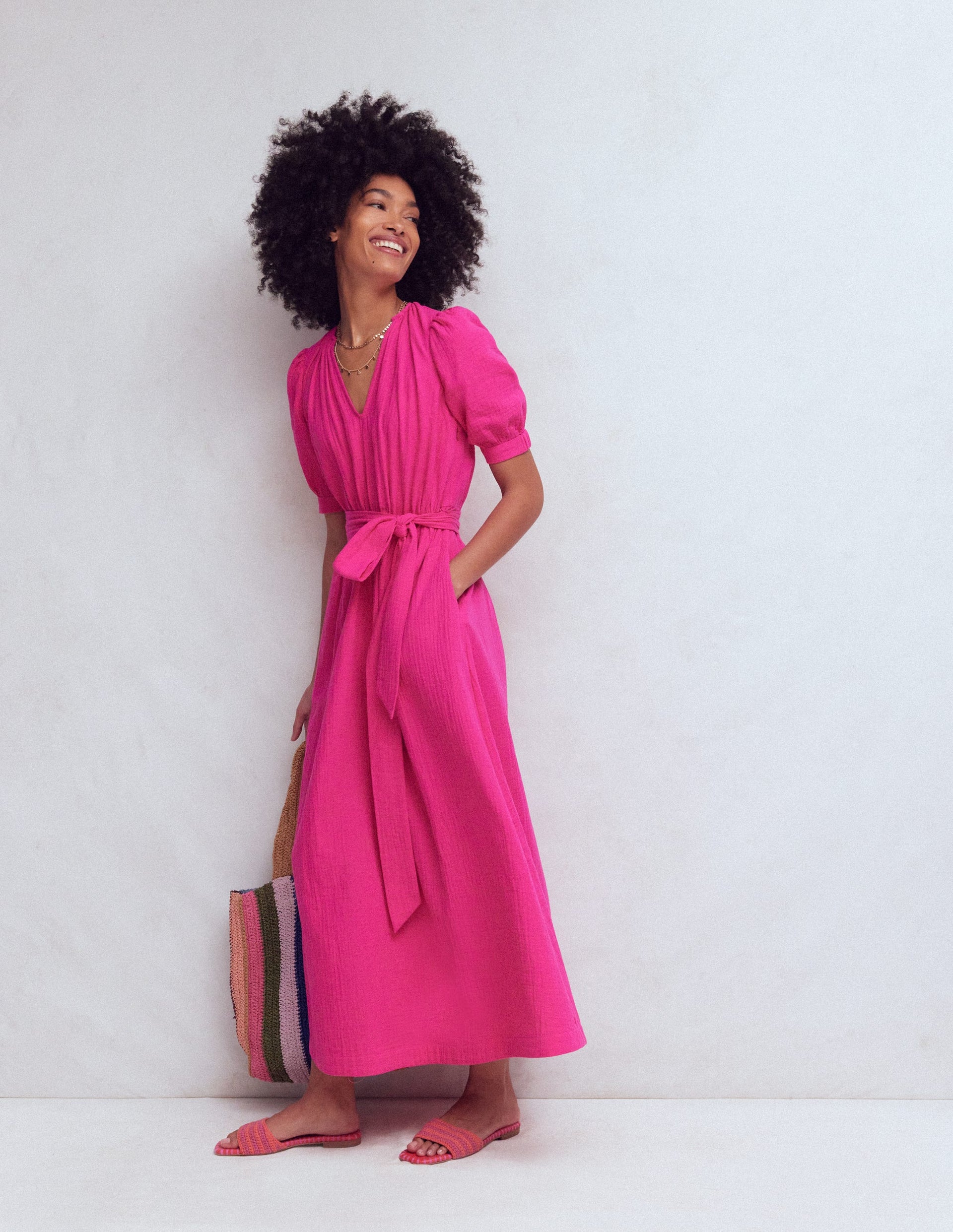 Double Cloth Puff Sleeve Dress - Bright Pink