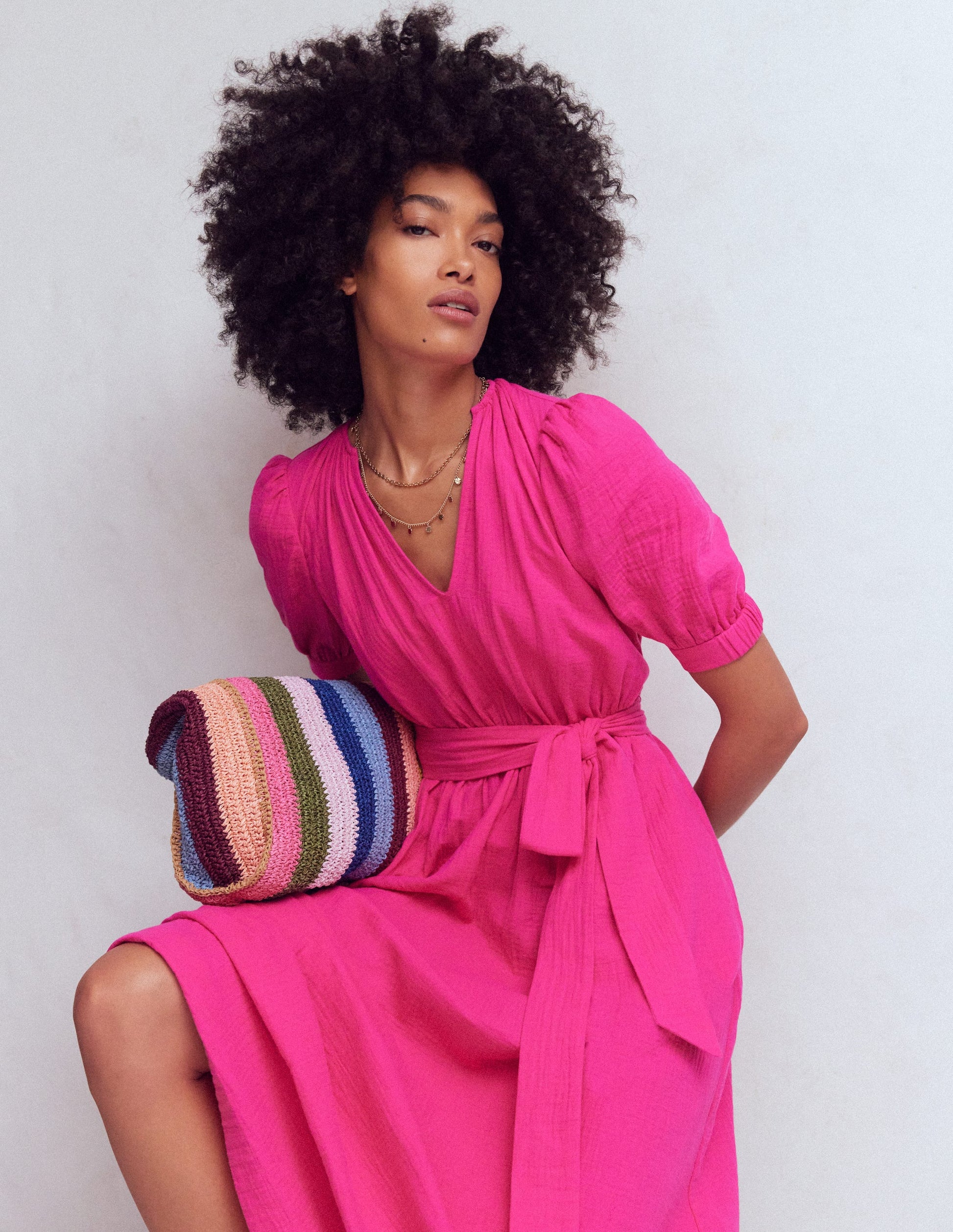 Double Cloth Puff Sleeve Dress-Bright Pink-4
