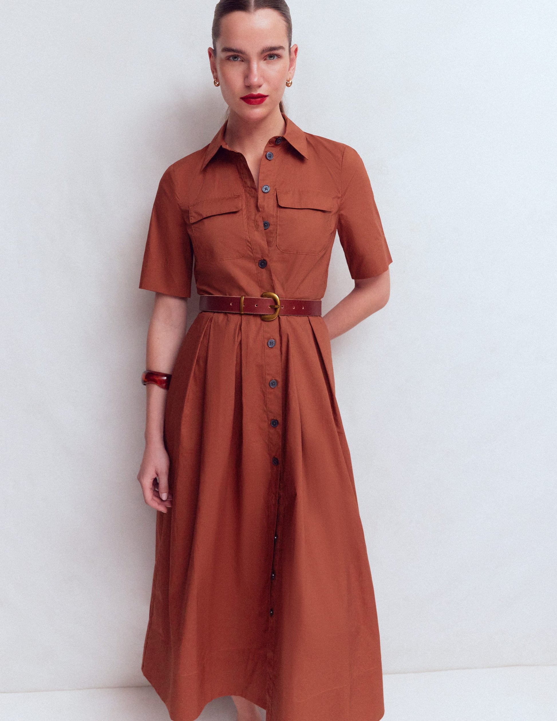 Zoe Short Sleeve Shirt Dress-Burnt Orange-1