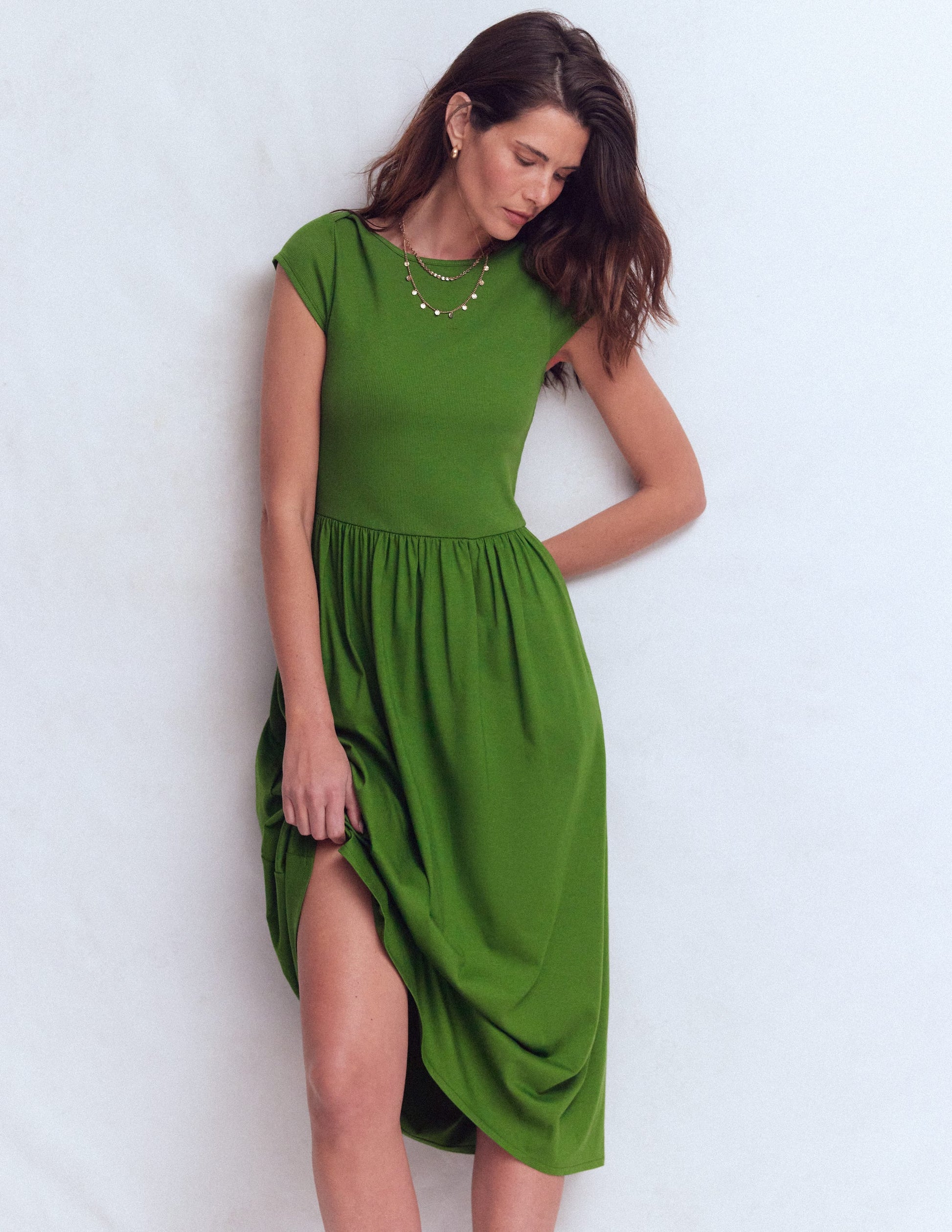 Boat Neck Mix Dress-Promenade Green-5
