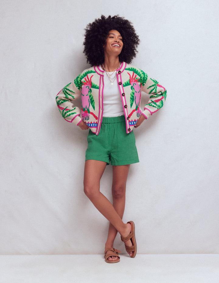 Abi Jacquard Cardigan-Warm Ivory, Palm Tree Birds