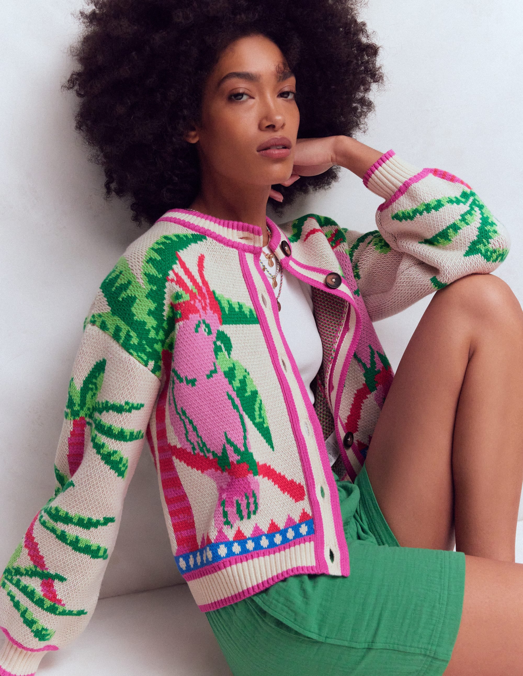 Abi Jacquard Cardigan-Warm Ivory, Palm Tree Birds | Boden UK