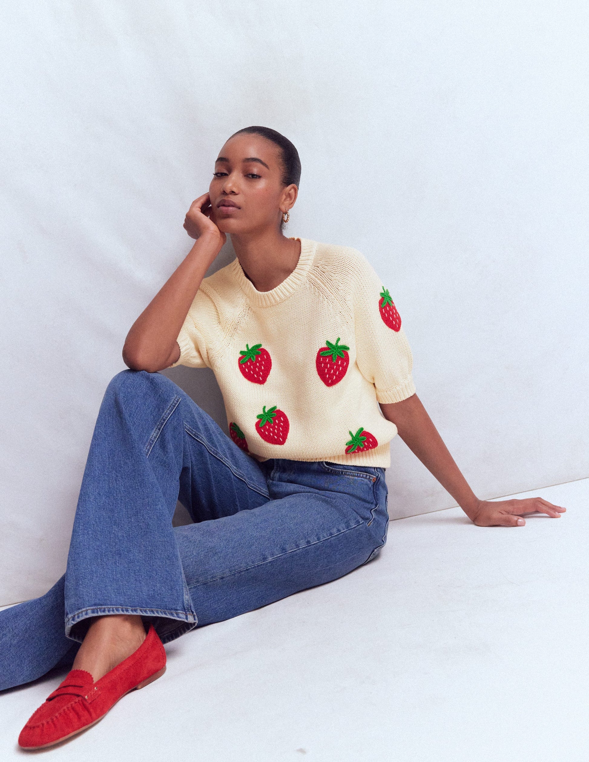 Margot Puff Sleeve T-Shirt-Warm Ivory Strawberry-2