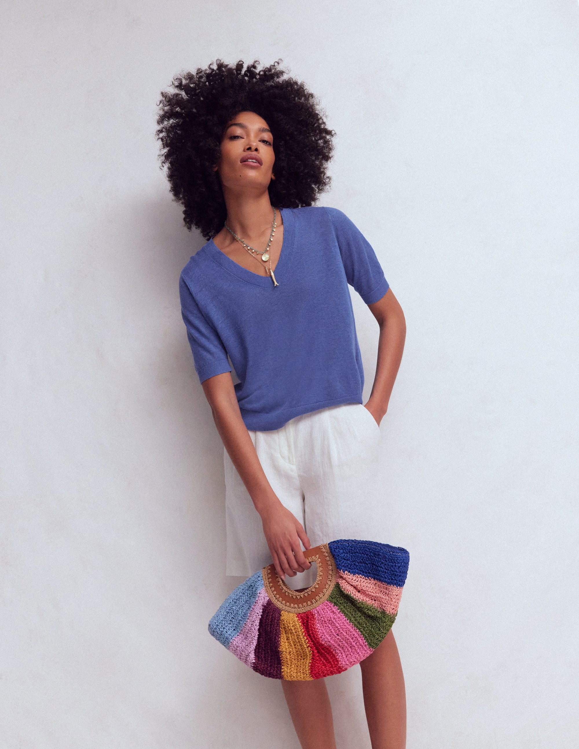 Agnes Linen V Neck T-Shirt-Solid Blue - Image 1