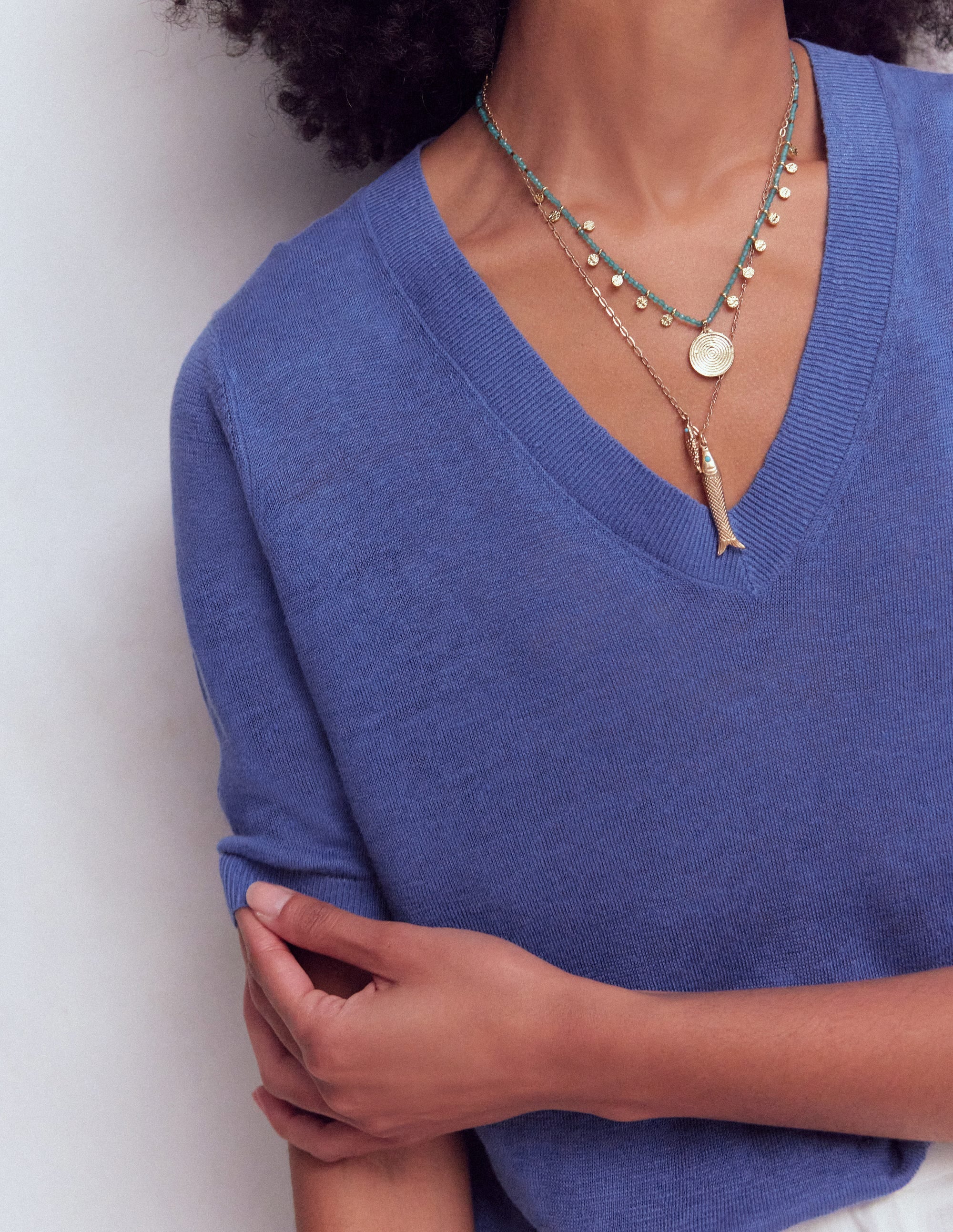 Agnes Linen V Neck T-Shirt-Solid Blue - Image 2
