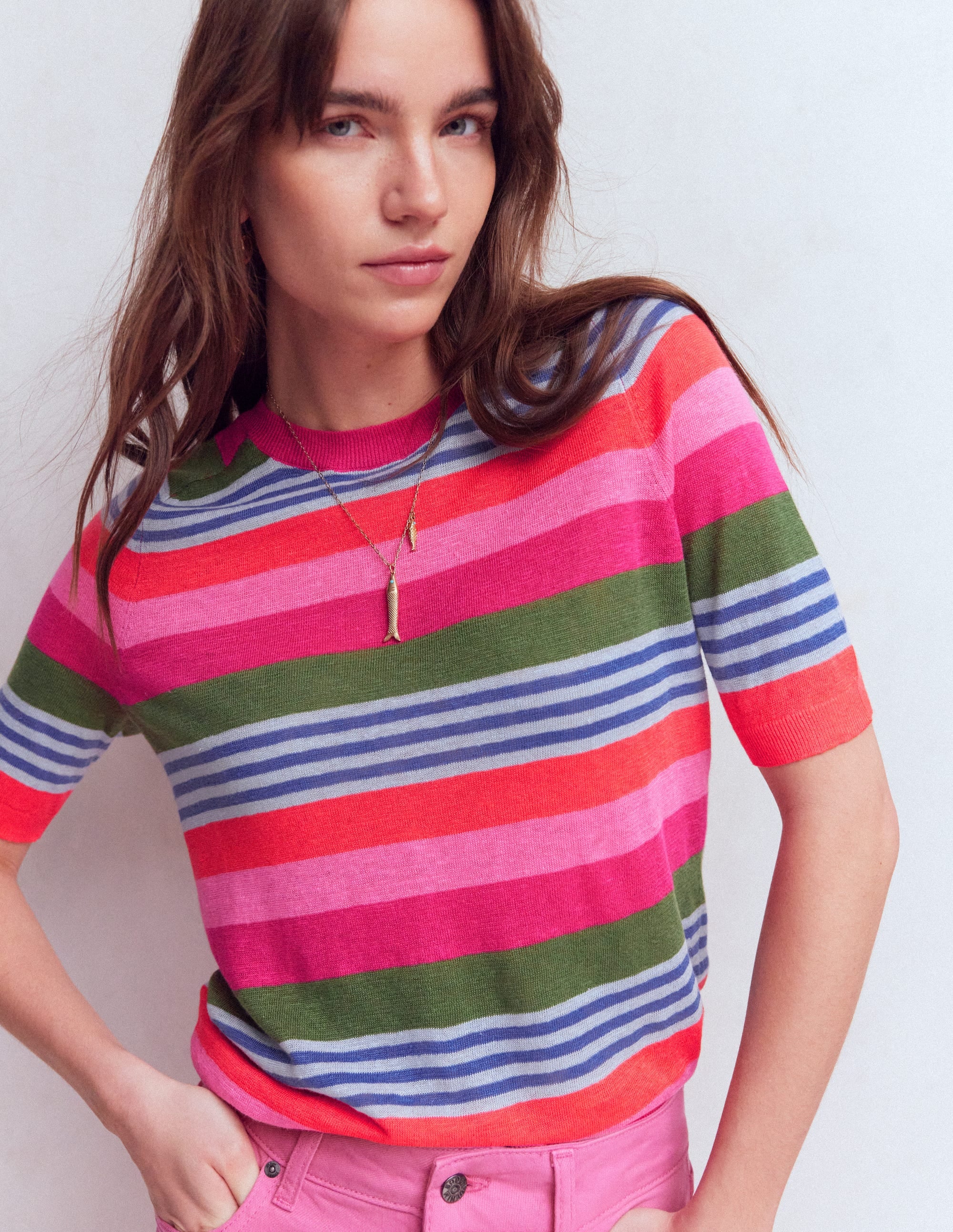 Agnes Linen Button T-Shirt-Multi Stripe - Image 1