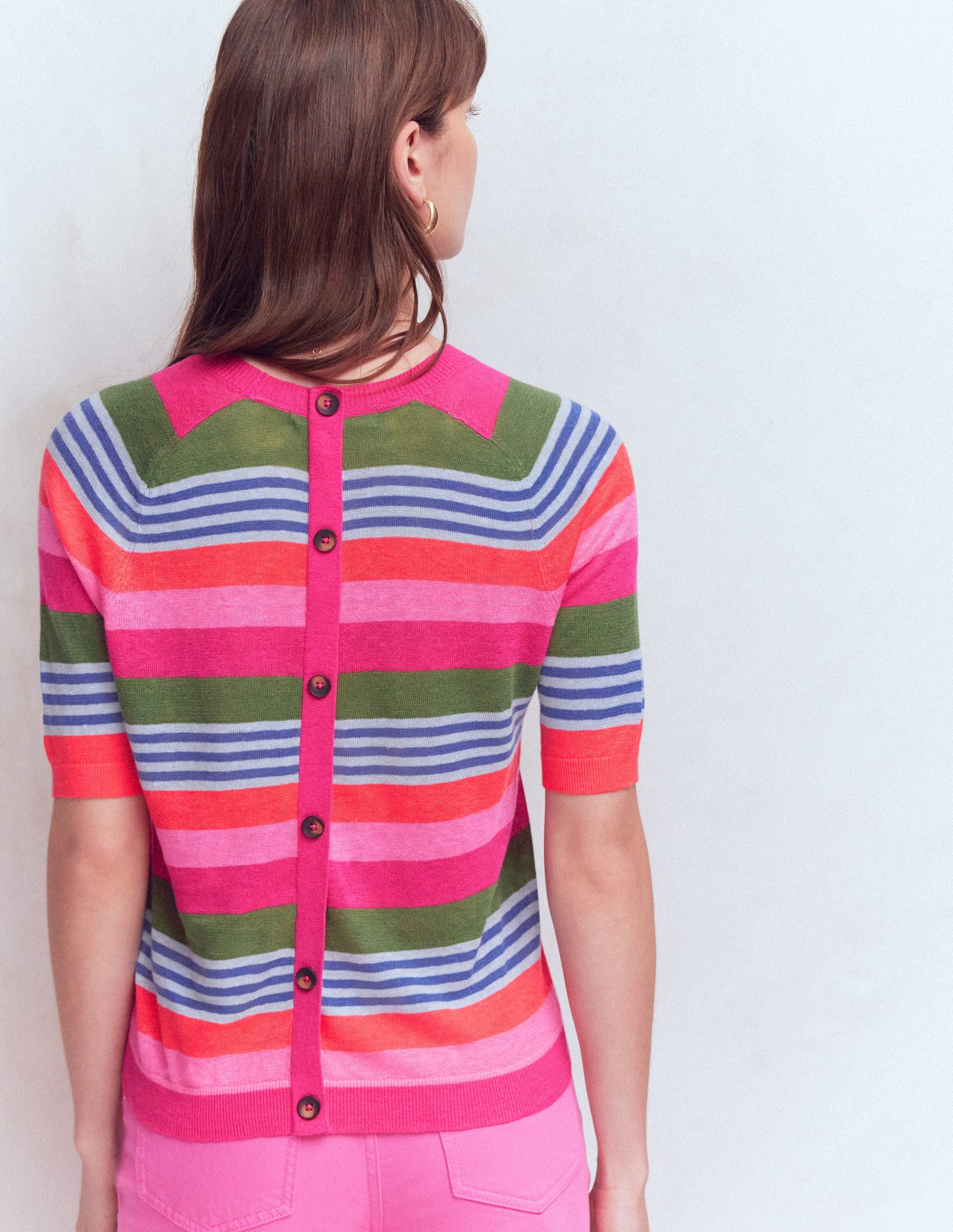 Agnes Linen Button T-Shirt-Multi Stripe-5