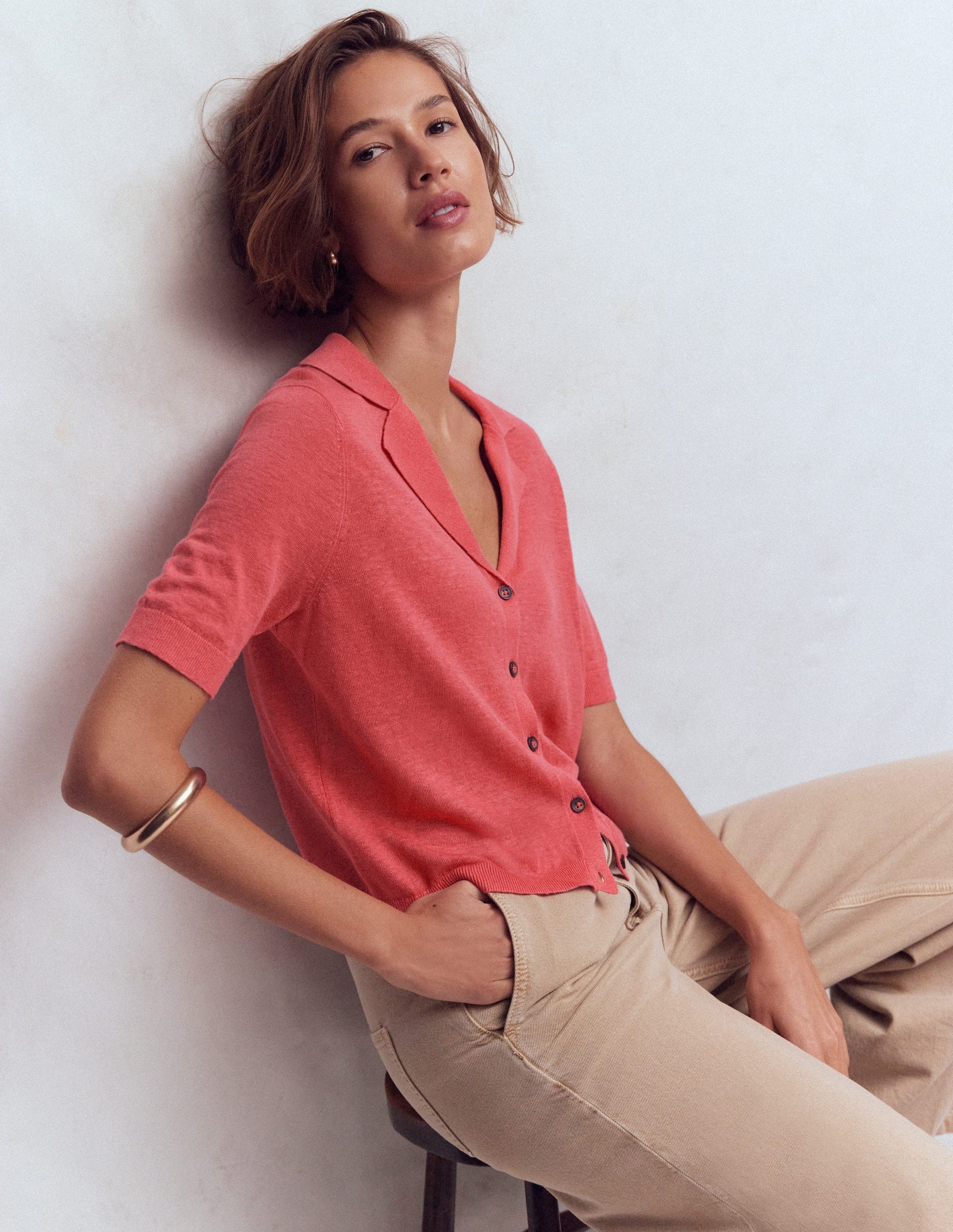 Agnes Collar Linen Cardigan-Coral-1